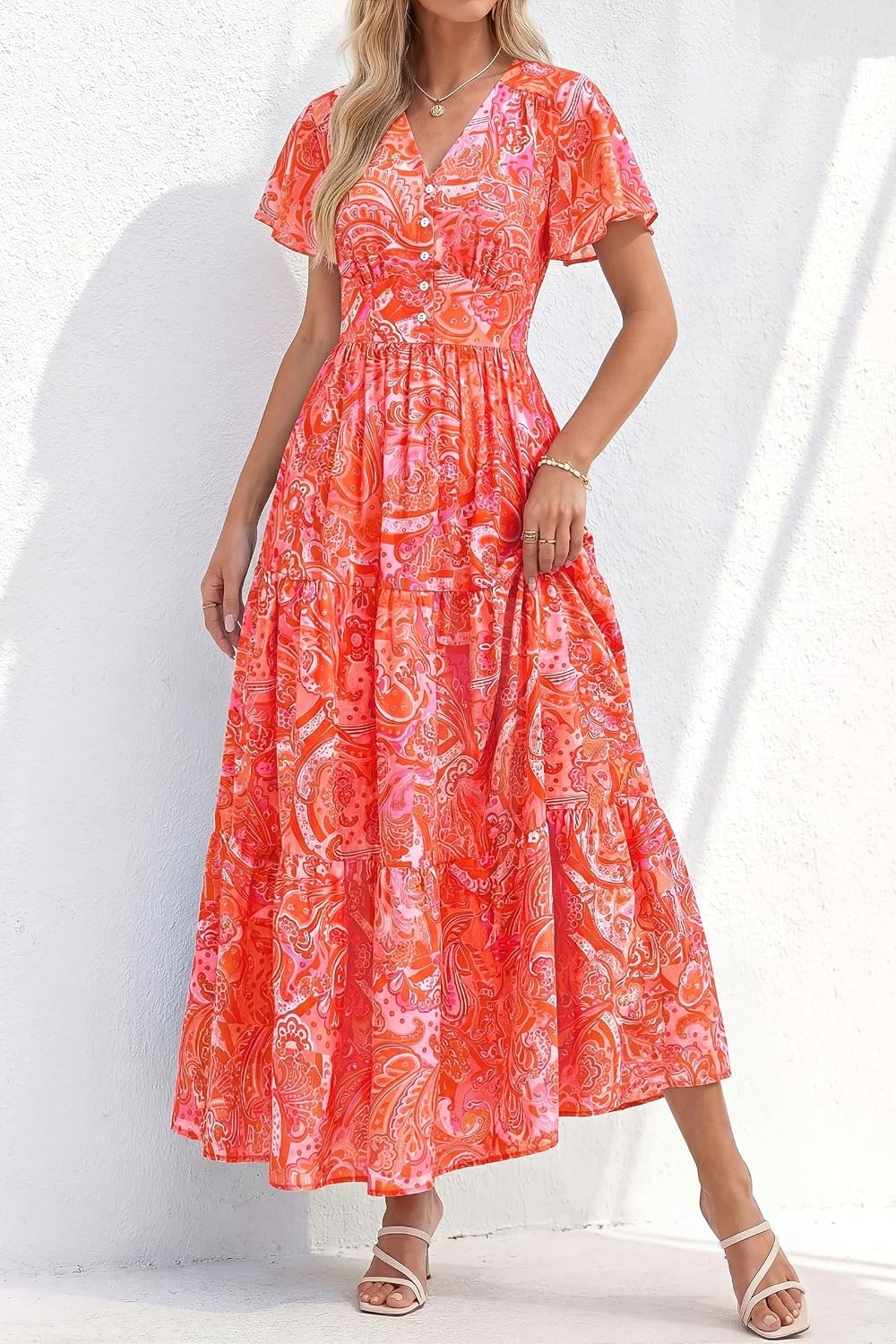image:imagePRETTYGARDEN Women Summer Maxi Dresses 2026 Short Sleeve V Neck Button Floral Tiered Flowy Boho Sundress Beach OutfitsFloral Orange Red