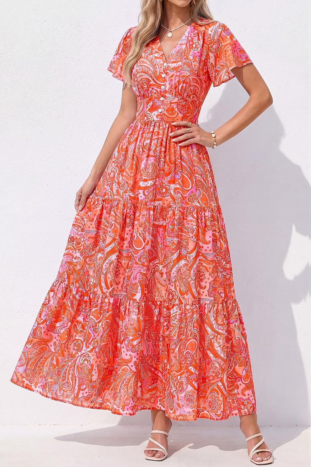 image:imagePRETTYGARDEN Women Summer Maxi Dresses 2026 Short Sleeve V Neck Button Floral Tiered Flowy Boho Sundress Beach OutfitsFloral Orange Red