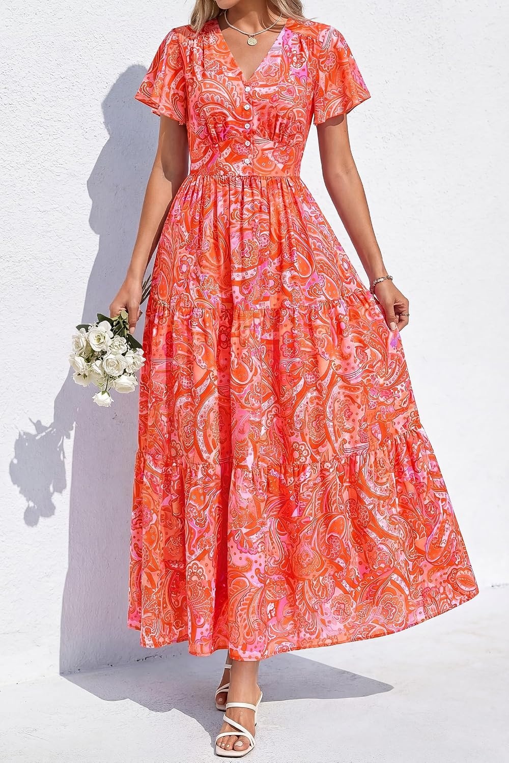 image:imagePRETTYGARDEN Women Summer Maxi Dresses 2026 Short Sleeve V Neck Button Floral Tiered Flowy Boho Sundress Beach OutfitsFloral Orange Red