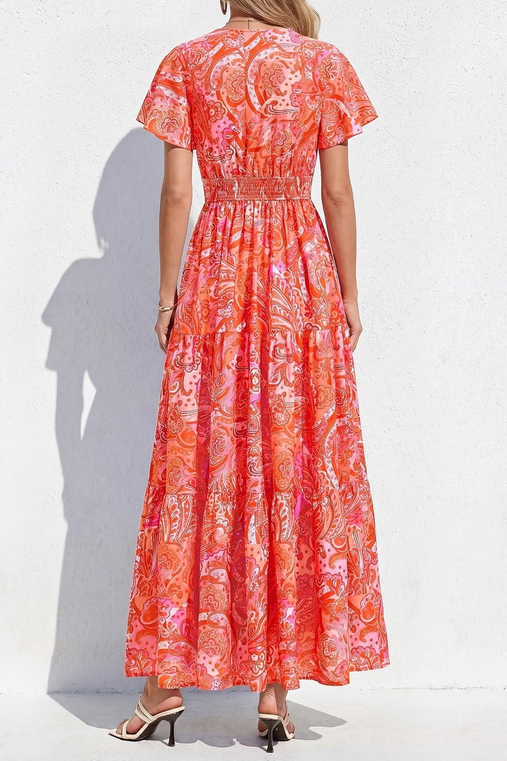 image:imagePRETTYGARDEN Women Summer Maxi Dresses 2026 Short Sleeve V Neck Button Floral Tiered Flowy Boho Sundress Beach OutfitsFloral Orange Red