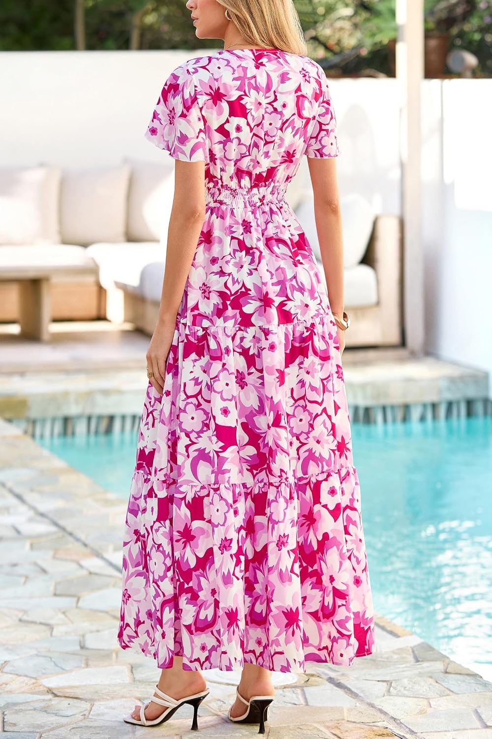 image:imagePRETTYGARDEN Women Summer Maxi Dresses 2026 Short Sleeve V Neck Button Floral Tiered Flowy Boho Sundress Beach OutfitsFloral White Rose Red