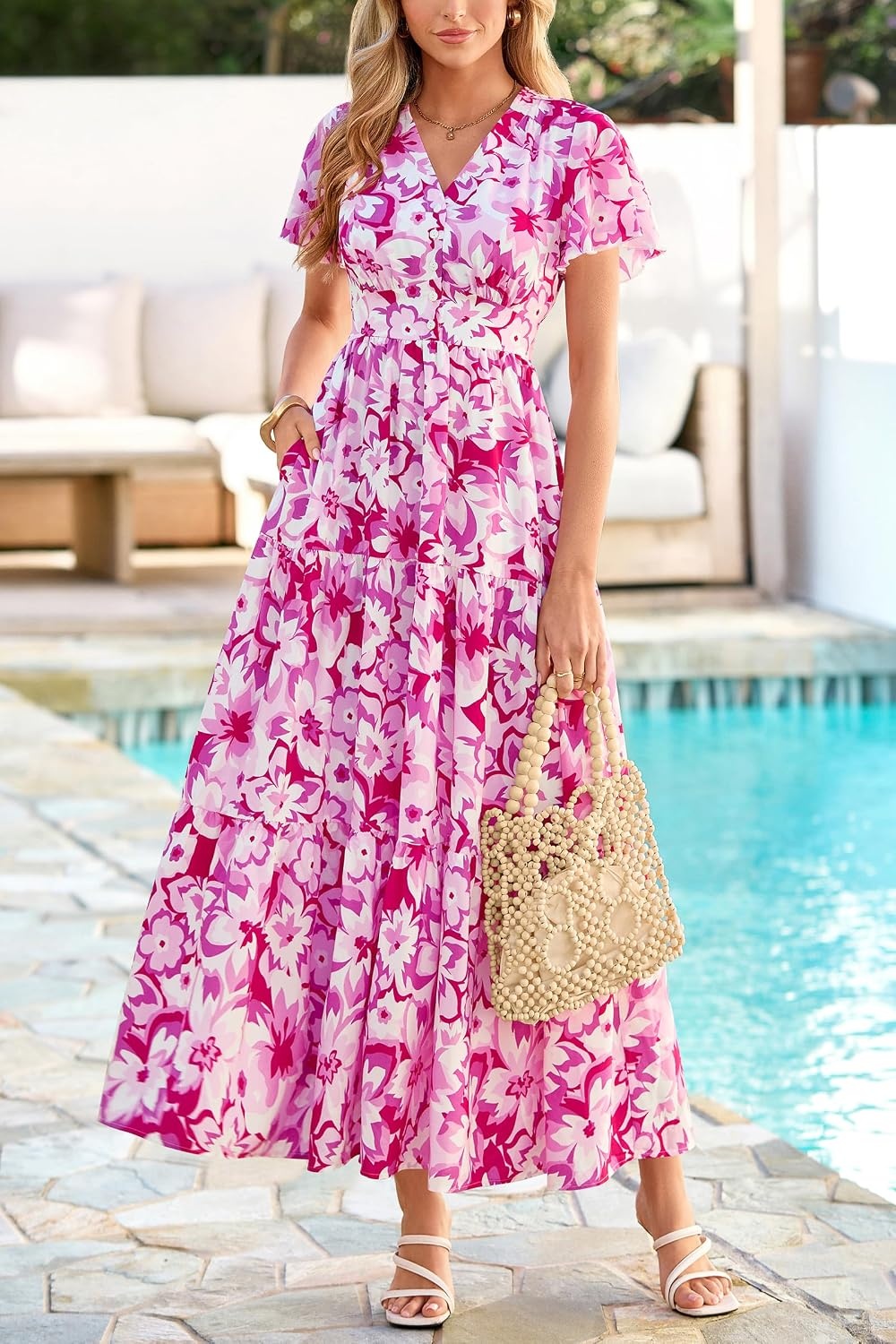 image:imagePRETTYGARDEN Women Summer Maxi Dresses 2026 Short Sleeve V Neck Button Floral Tiered Flowy Boho Sundress Beach OutfitsFloral White Rose Red