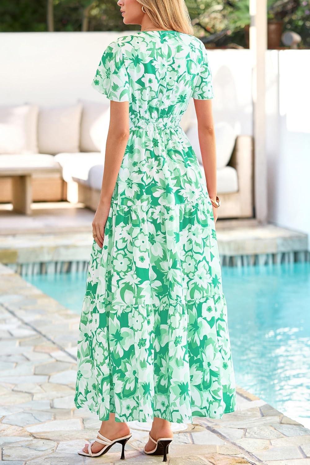 image:imagePRETTYGARDEN Women Summer Maxi Dresses 2026 Short Sleeve V Neck Button Floral Tiered Flowy Boho Sundress Beach OutfitsGreen Floral