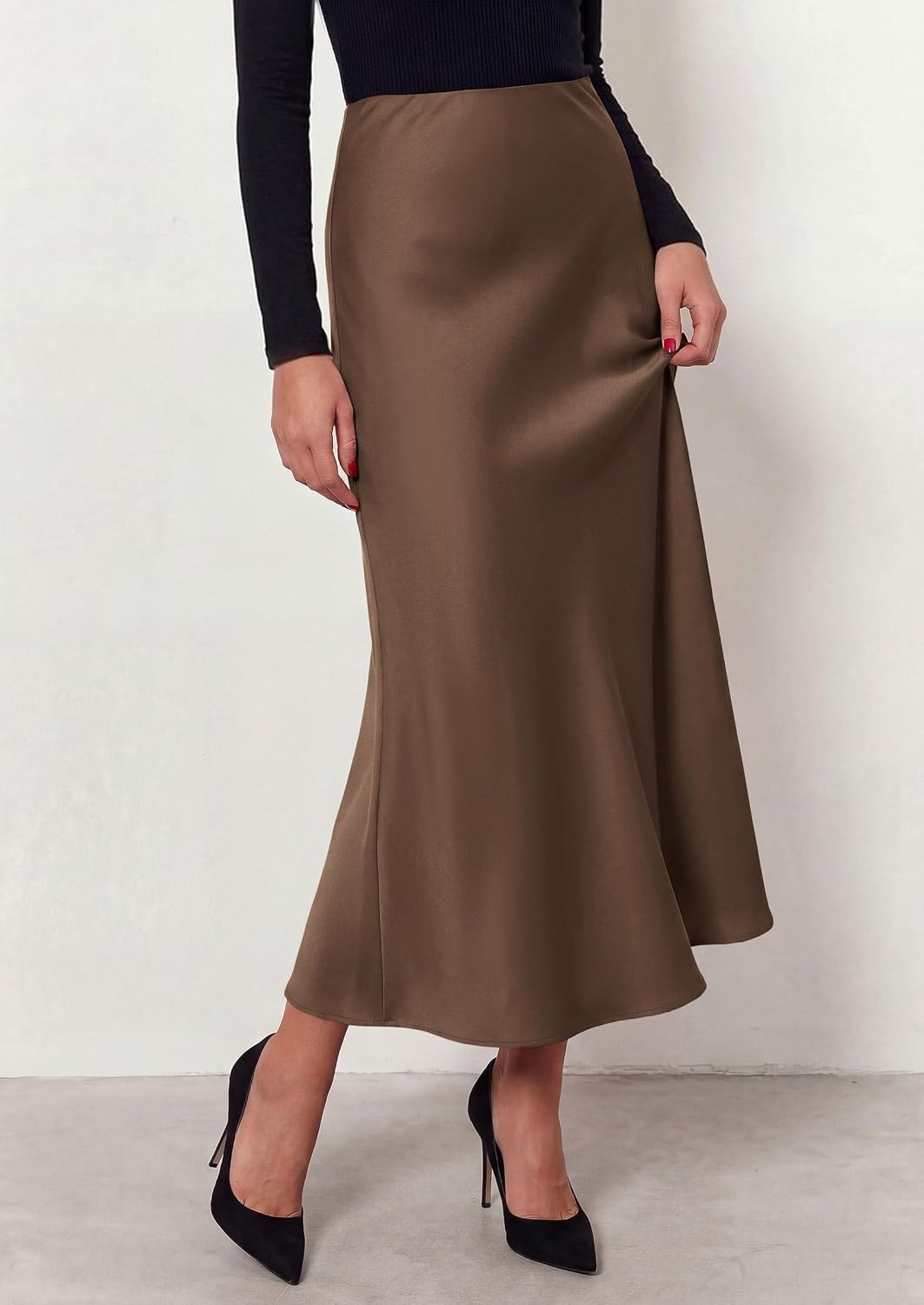 image:imagePRETTYGARDEN Womens 2026 Fall Fashion Maxi Long Skirts Trendy Silk Satin High Waisted A Line Mermaid Business Casual OutfitsBrown