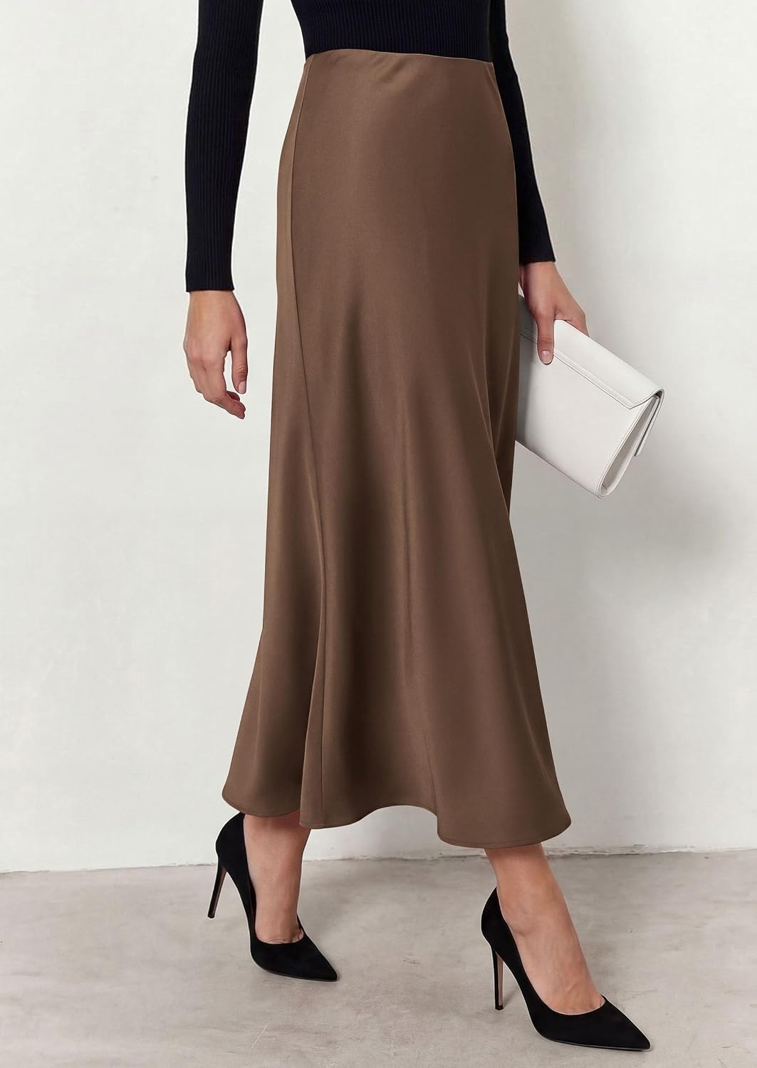 image:imagePRETTYGARDEN Womens 2026 Fall Fashion Maxi Long Skirts Trendy Silk Satin High Waisted A Line Mermaid Business Casual OutfitsBrown