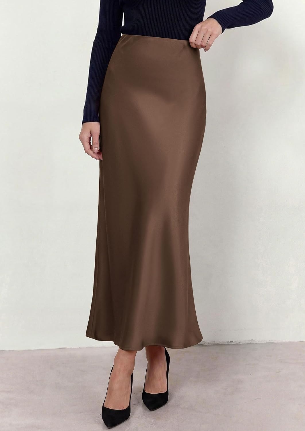 image:imagePRETTYGARDEN Womens 2026 Fall Fashion Maxi Long Skirts Trendy Silk Satin High Waisted A Line Mermaid Business Casual OutfitsBrown