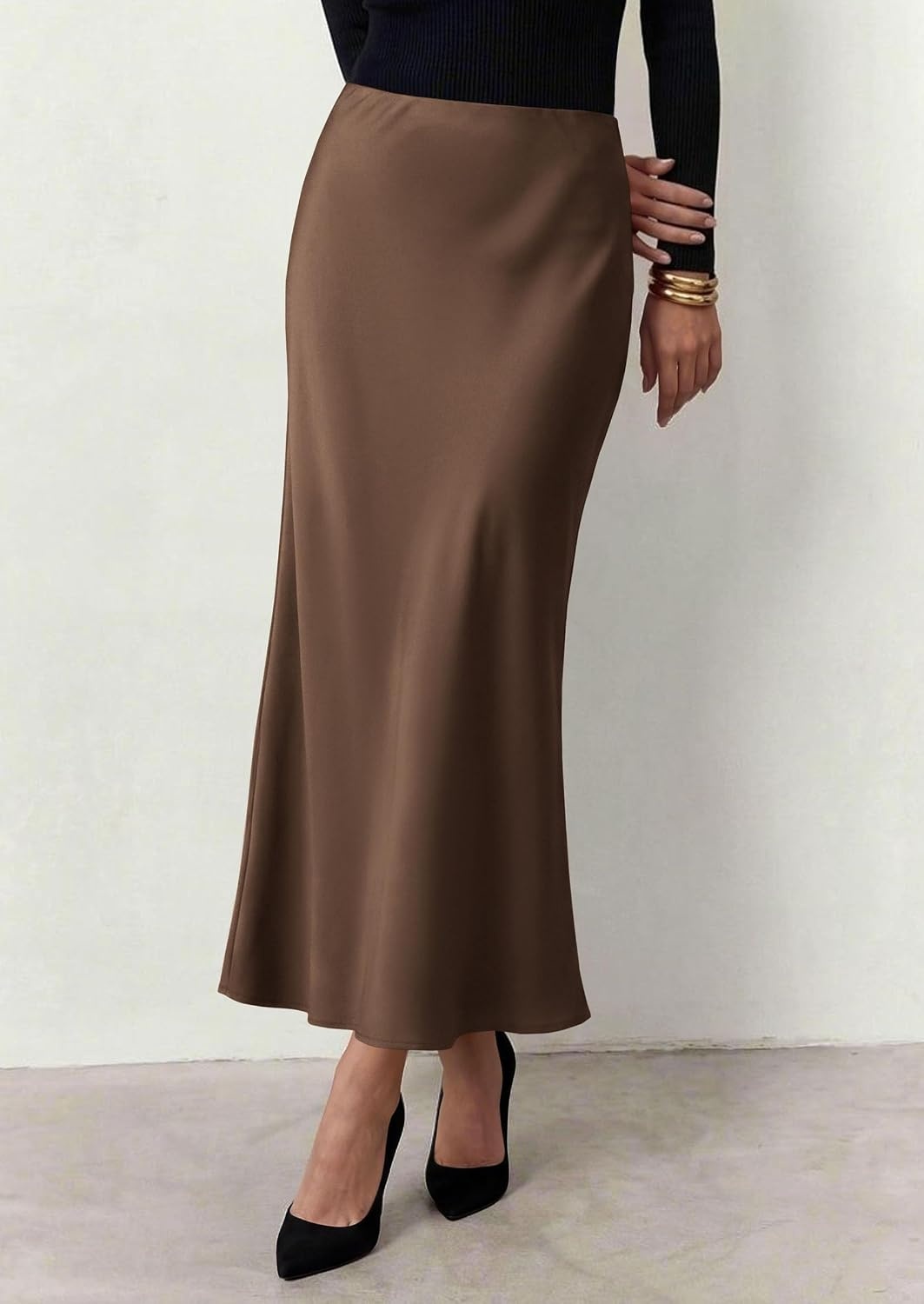 image:imagePRETTYGARDEN Womens 2026 Fall Fashion Maxi Long Skirts Trendy Silk Satin High Waisted A Line Mermaid Business Casual OutfitsBrown