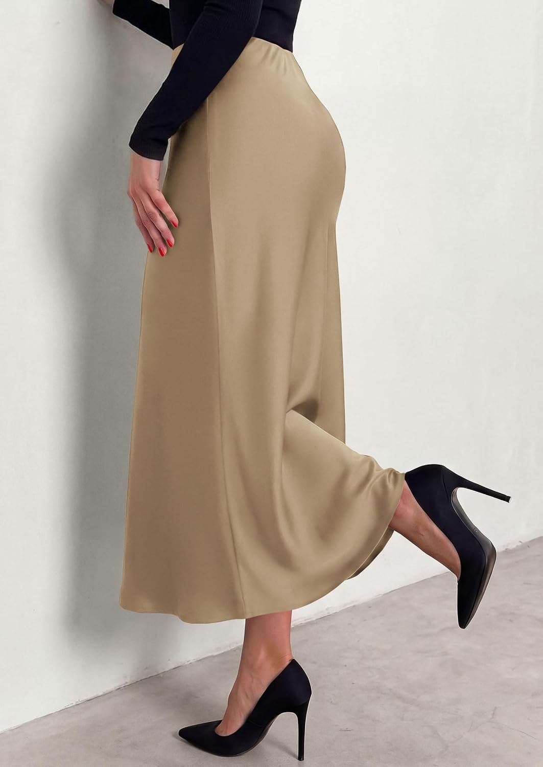 image:imagePRETTYGARDEN Womens 2026 Fall Fashion Maxi Long Skirts Trendy Silk Satin High Waisted A Line Mermaid Business Casual OutfitsKhaki