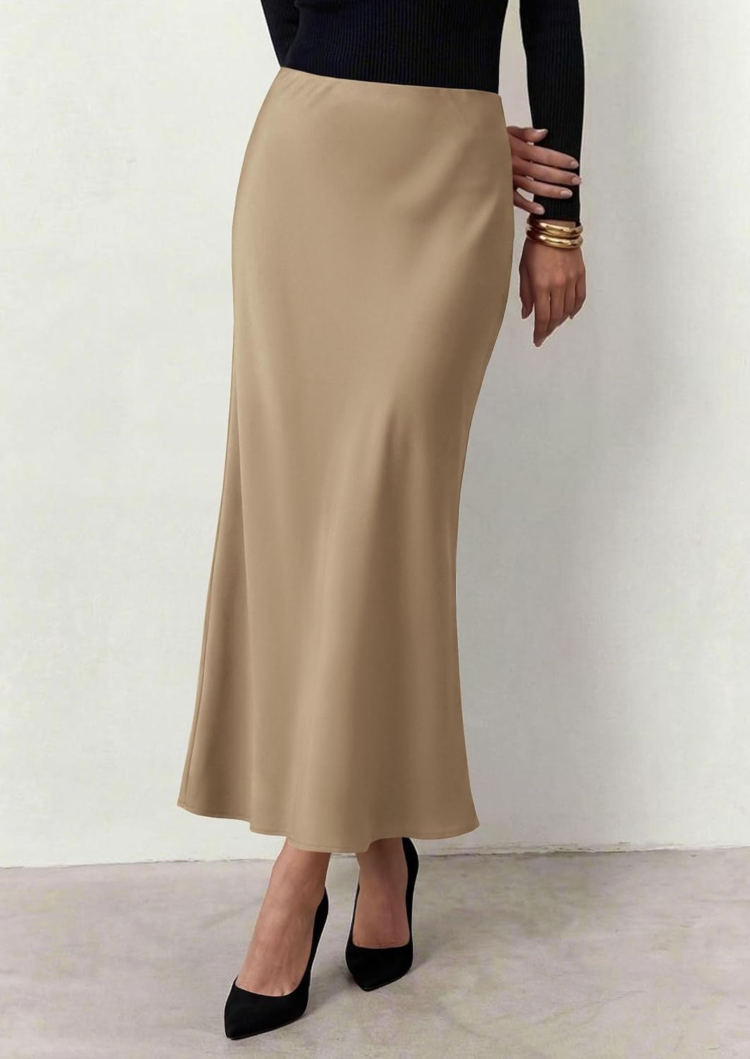 image:imagePRETTYGARDEN Womens 2026 Fall Fashion Maxi Long Skirts Trendy Silk Satin High Waisted A Line Mermaid Business Casual OutfitsKhaki