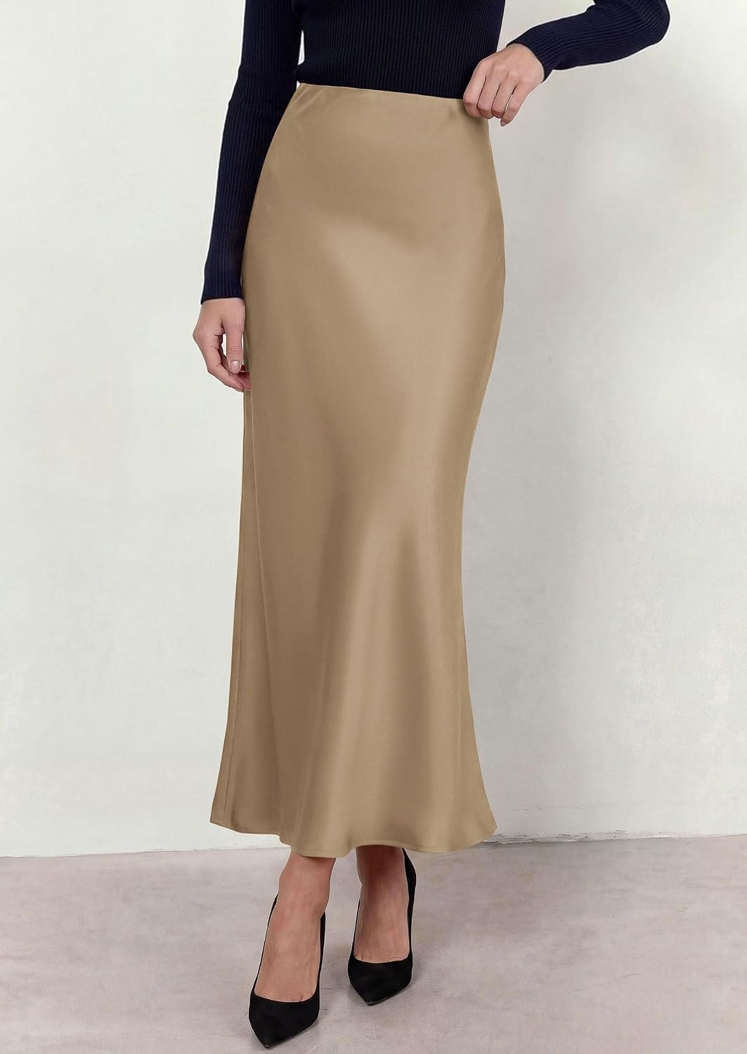 image:imagePRETTYGARDEN Womens 2026 Fall Fashion Maxi Long Skirts Trendy Silk Satin High Waisted A Line Mermaid Business Casual OutfitsKhaki