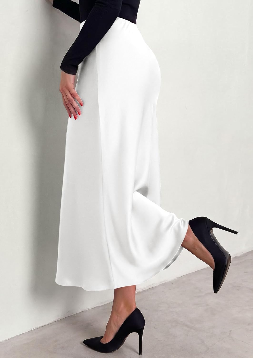 image:imagePRETTYGARDEN Womens 2026 Fall Fashion Maxi Long Skirts Trendy Silk Satin High Waisted A Line Mermaid Business Casual OutfitsWhite