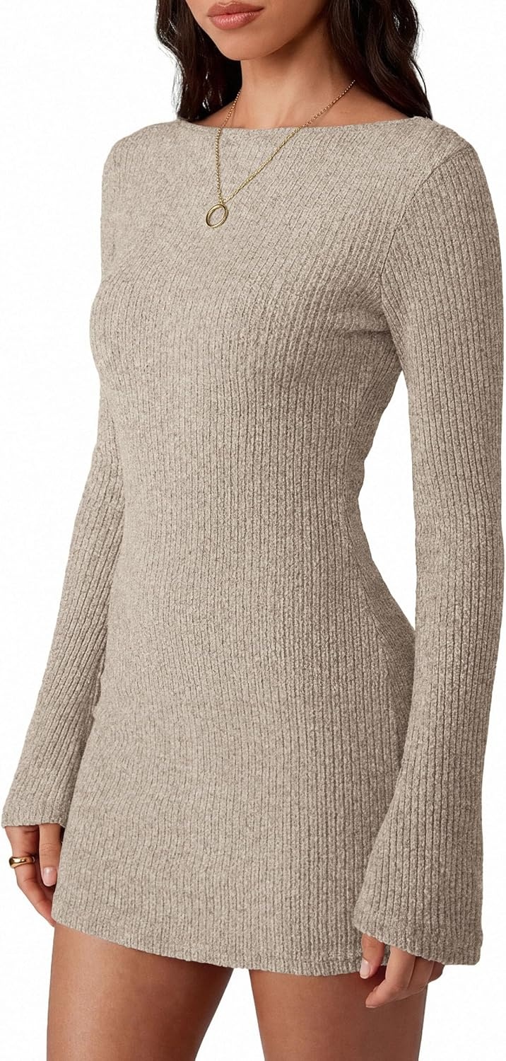 image:imagePRETTYGARDEN Womens Fall Bell Long Sleeve Mini Dress 2026 Casual Boat Neck Ribbed Bodycon Short Party Cocktail DressesApricot