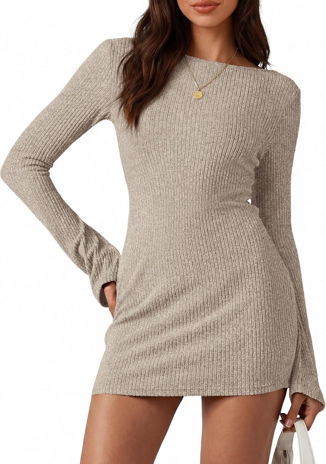 image:imagePRETTYGARDEN Womens Fall Bell Long Sleeve Mini Dress 2026 Casual Boat Neck Ribbed Bodycon Short Party Cocktail DressesApricot
