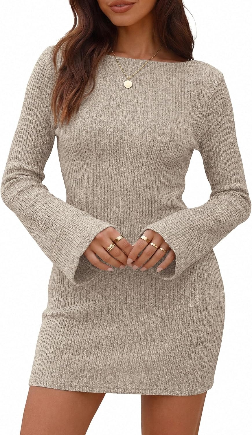 image:imagePRETTYGARDEN Womens Fall Bell Long Sleeve Mini Dress 2026 Casual Boat Neck Ribbed Bodycon Short Party Cocktail DressesApricot