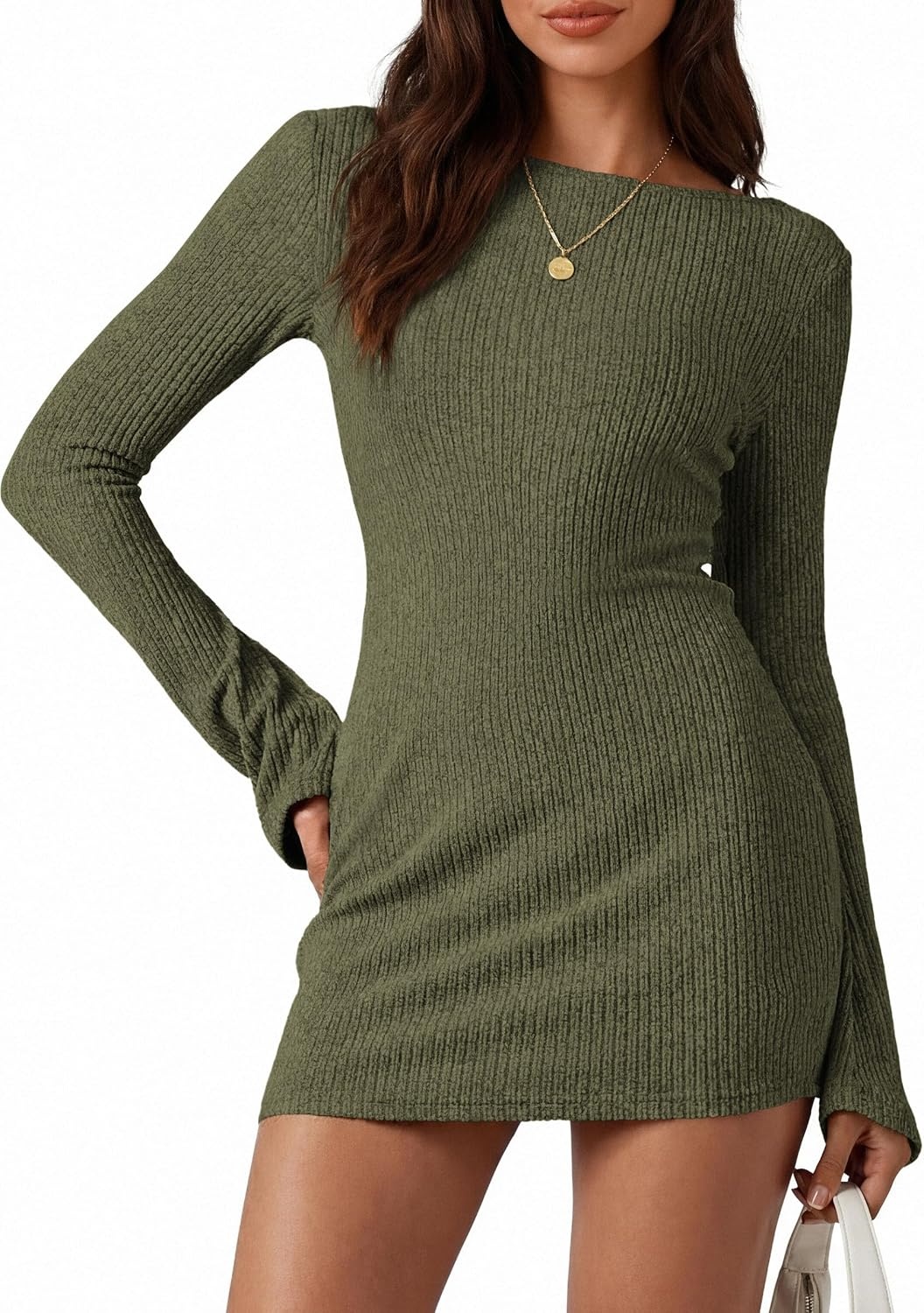 image:imagePRETTYGARDEN Womens Fall Bell Long Sleeve Mini Dress 2026 Casual Boat Neck Ribbed Bodycon Short Party Cocktail DressesArmy Green