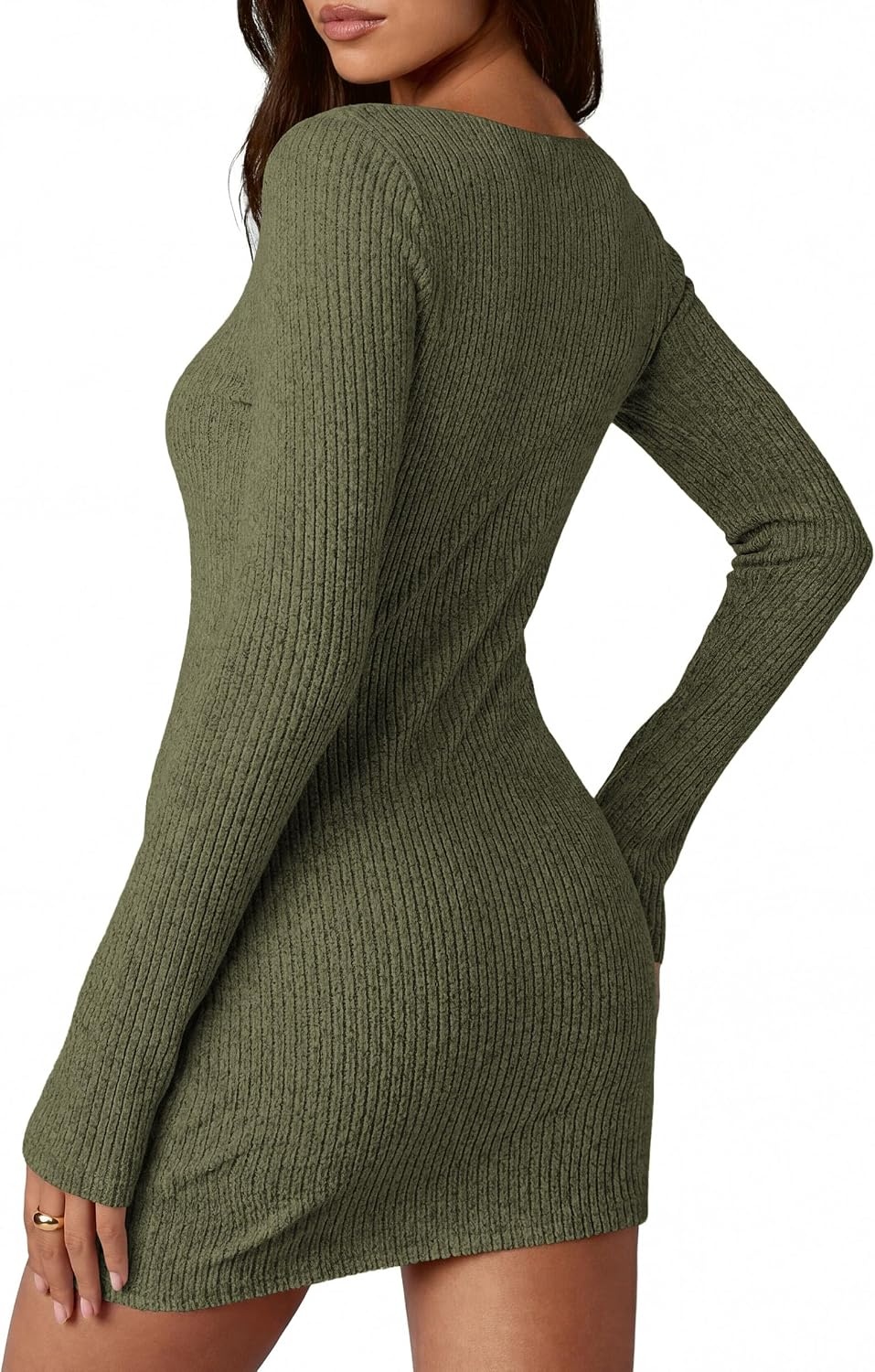 image:imagePRETTYGARDEN Womens Fall Bell Long Sleeve Mini Dress 2026 Casual Boat Neck Ribbed Bodycon Short Party Cocktail DressesArmy Green