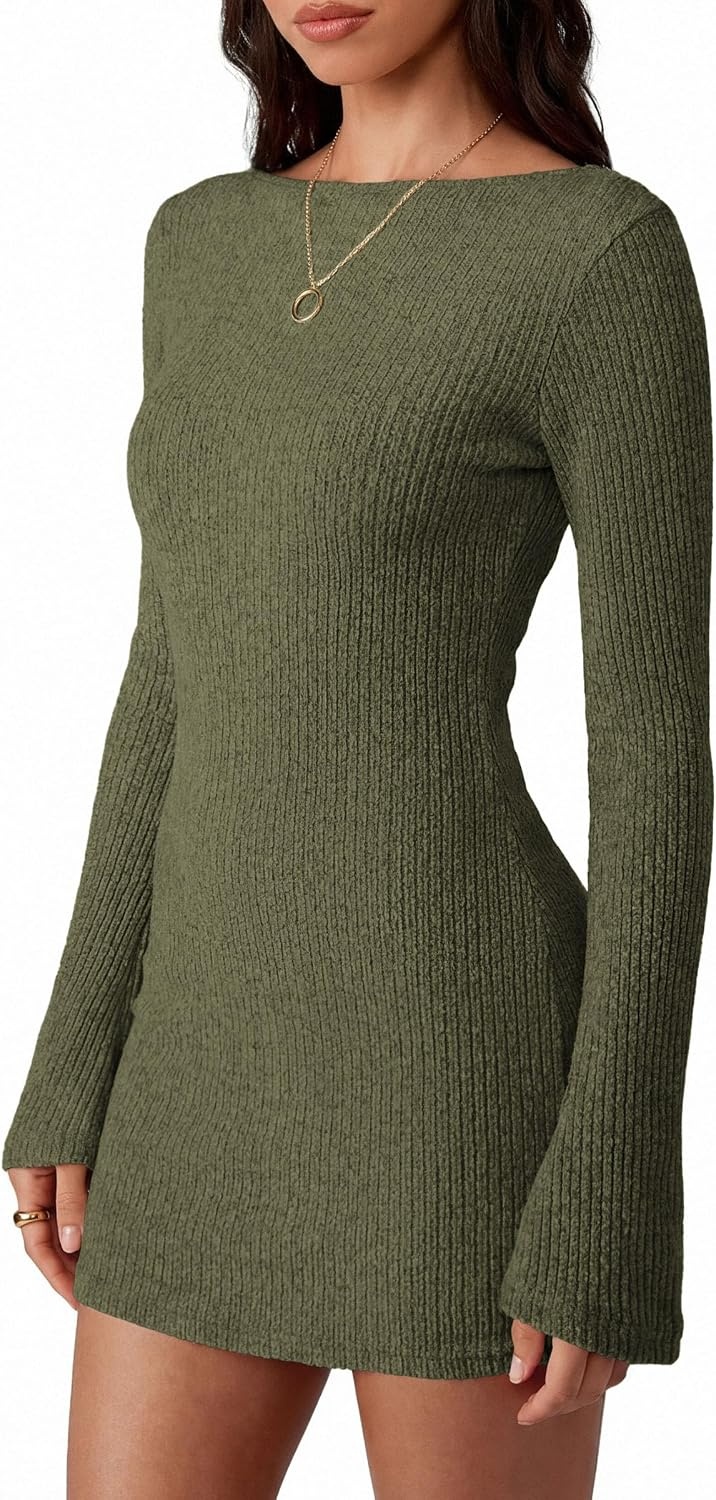 image:imagePRETTYGARDEN Womens Fall Bell Long Sleeve Mini Dress 2026 Casual Boat Neck Ribbed Bodycon Short Party Cocktail DressesArmy Green