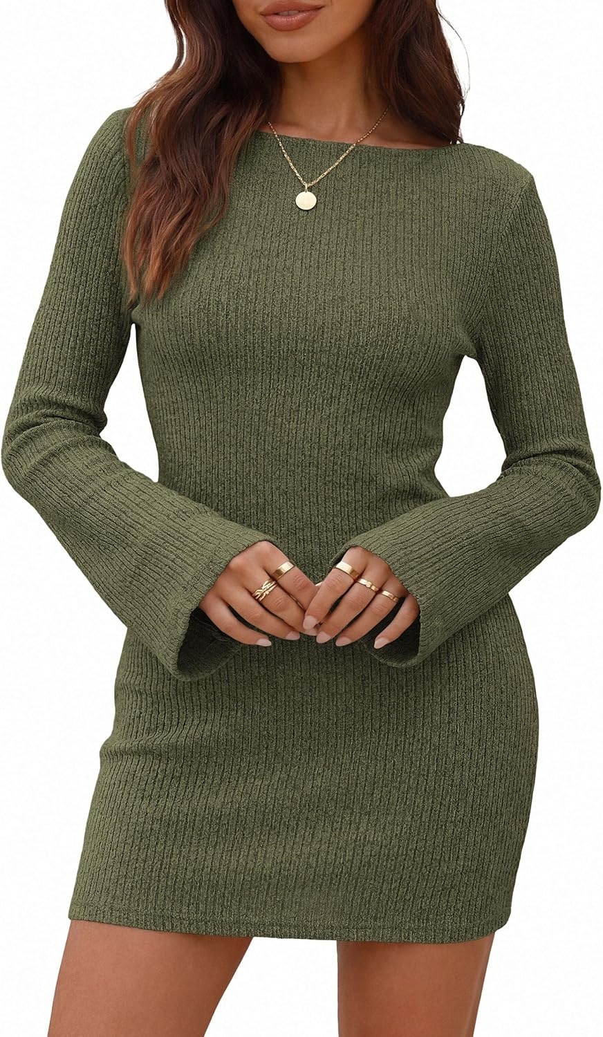 image:imagePRETTYGARDEN Womens Fall Bell Long Sleeve Mini Dress 2026 Casual Boat Neck Ribbed Bodycon Short Party Cocktail DressesArmy Green