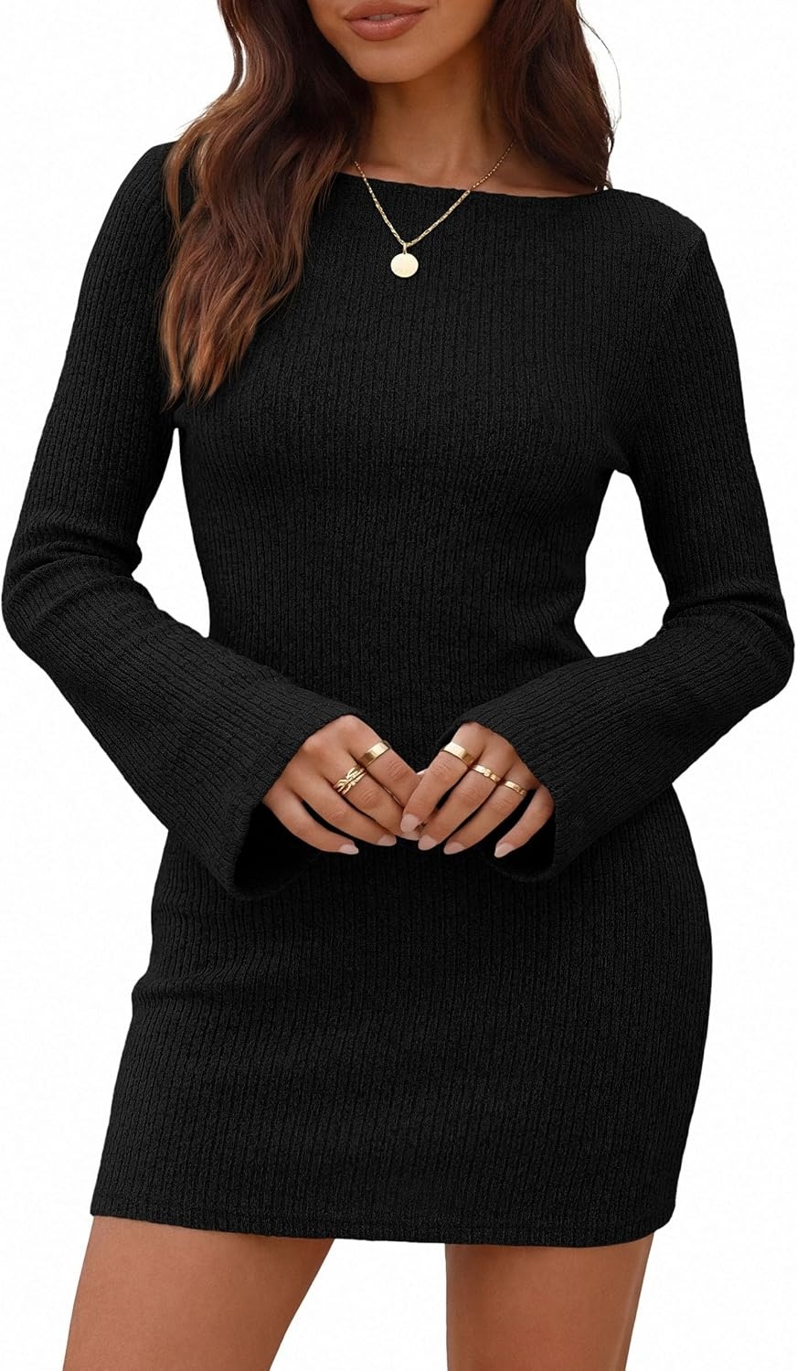 image:imagePRETTYGARDEN Womens Fall Bell Long Sleeve Mini Dress 2026 Casual Boat Neck Ribbed Bodycon Short Party Cocktail DressesBlack