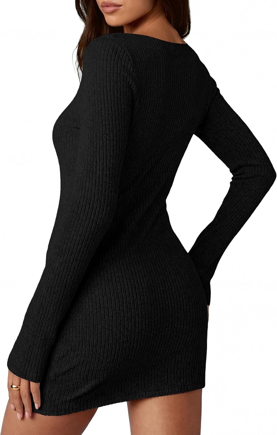 image:imagePRETTYGARDEN Womens Fall Bell Long Sleeve Mini Dress 2026 Casual Boat Neck Ribbed Bodycon Short Party Cocktail DressesBlack