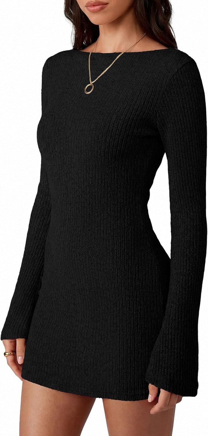 image:imagePRETTYGARDEN Womens Fall Bell Long Sleeve Mini Dress 2026 Casual Boat Neck Ribbed Bodycon Short Party Cocktail DressesBlack