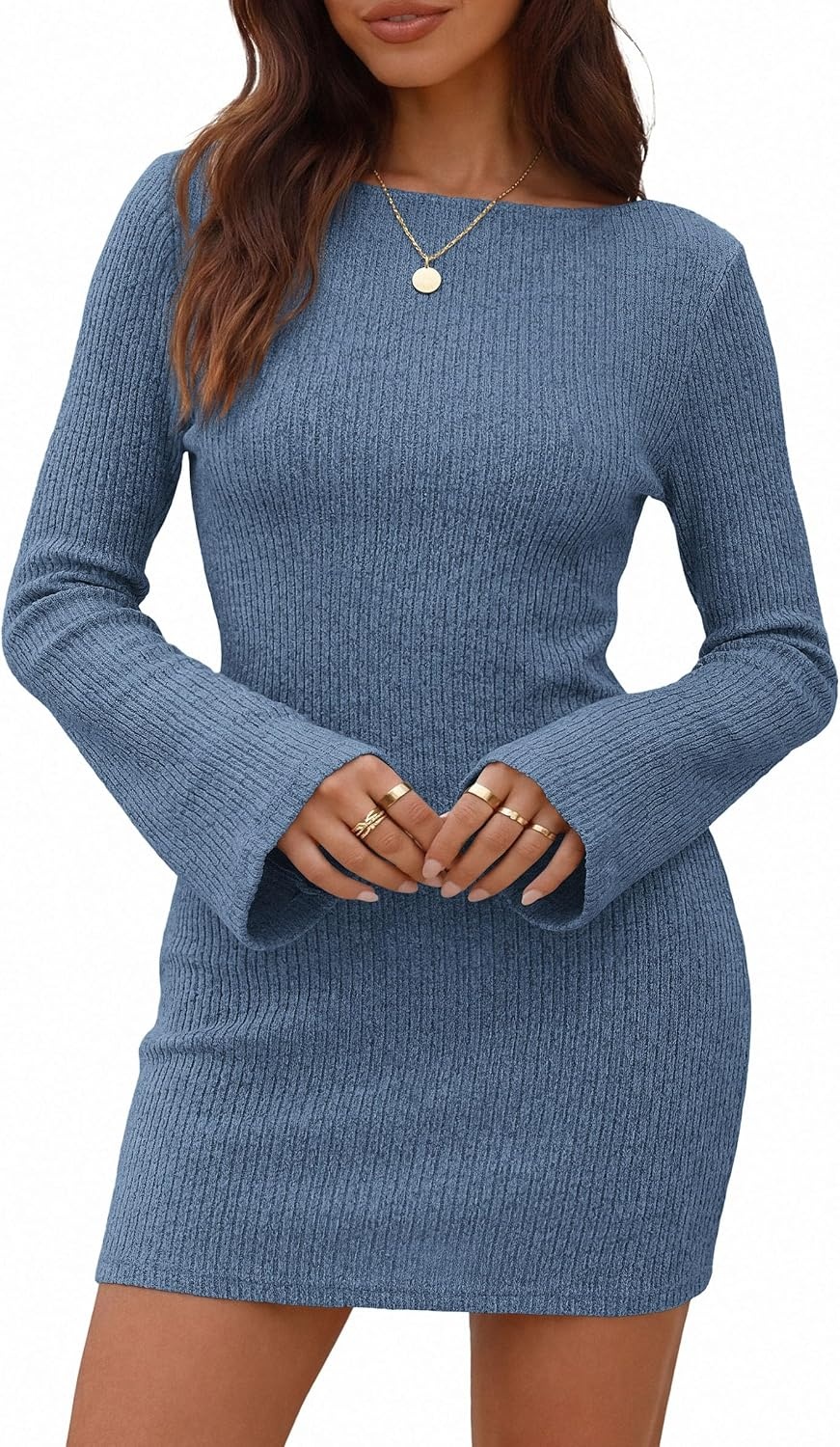 image:imagePRETTYGARDEN Womens Fall Bell Long Sleeve Mini Dress 2026 Casual Boat Neck Ribbed Bodycon Short Party Cocktail DressesGrey Blue