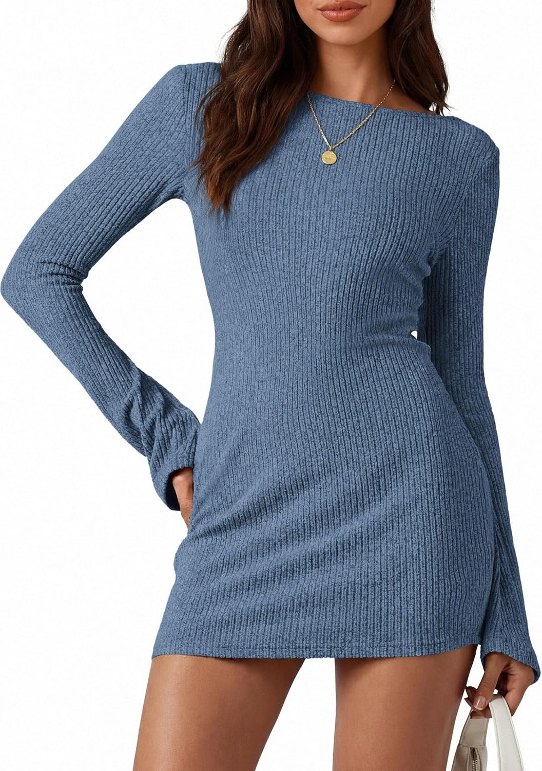 image:imagePRETTYGARDEN Womens Fall Bell Long Sleeve Mini Dress 2026 Casual Boat Neck Ribbed Bodycon Short Party Cocktail DressesGrey Blue