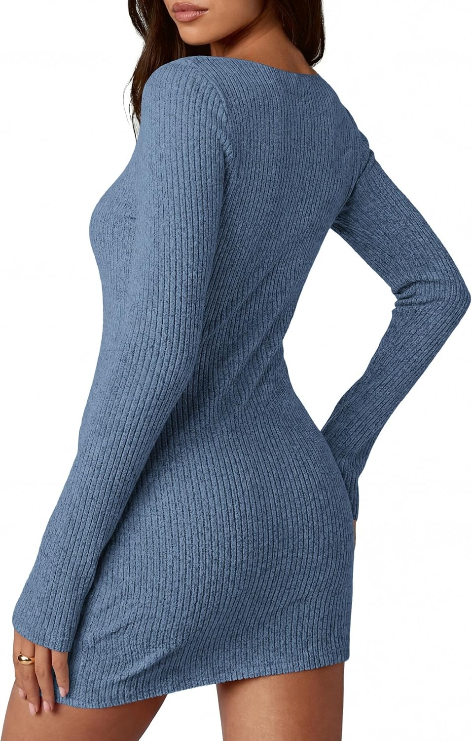 image:imagePRETTYGARDEN Womens Fall Bell Long Sleeve Mini Dress 2026 Casual Boat Neck Ribbed Bodycon Short Party Cocktail DressesGrey Blue