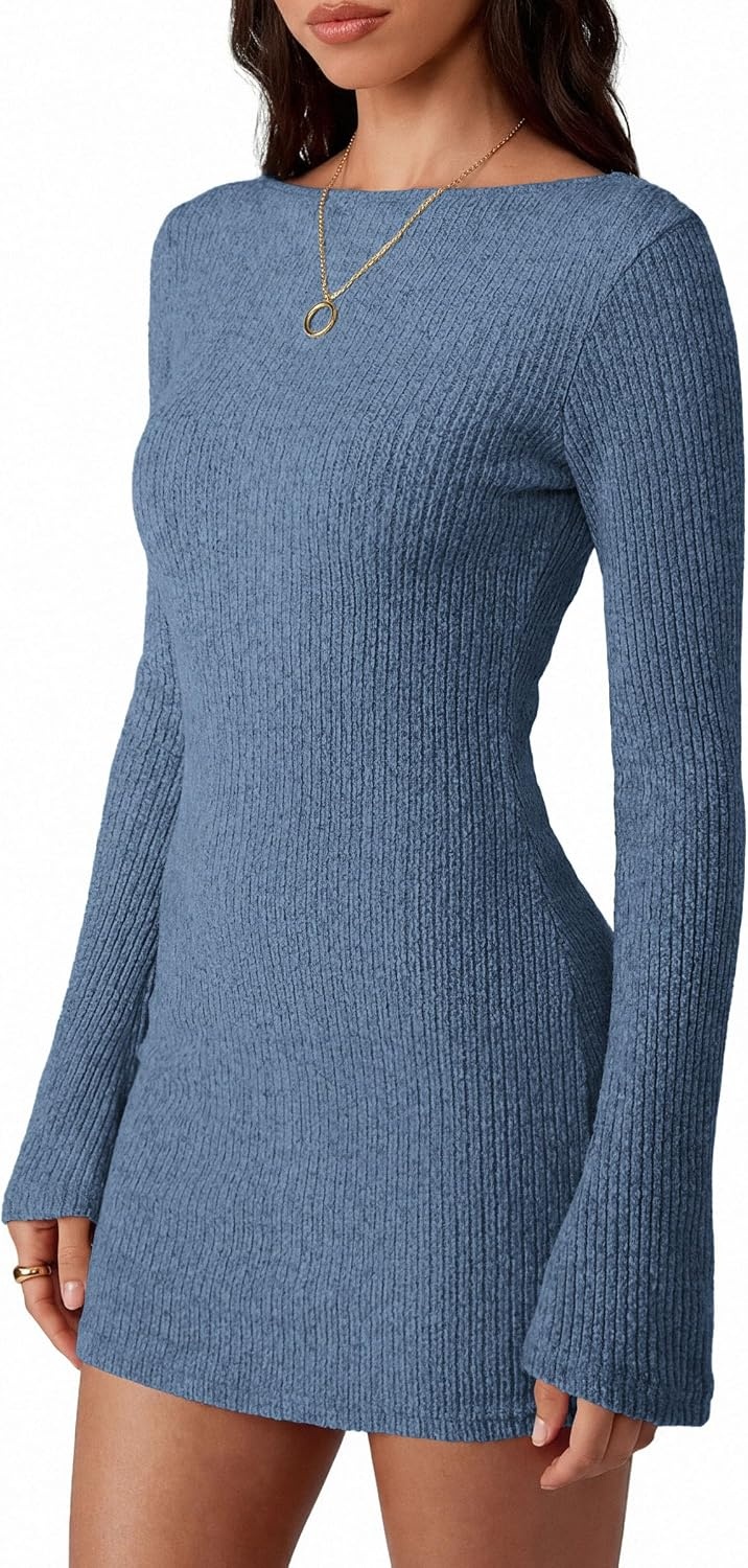 image:imagePRETTYGARDEN Womens Fall Bell Long Sleeve Mini Dress 2026 Casual Boat Neck Ribbed Bodycon Short Party Cocktail DressesGrey Blue