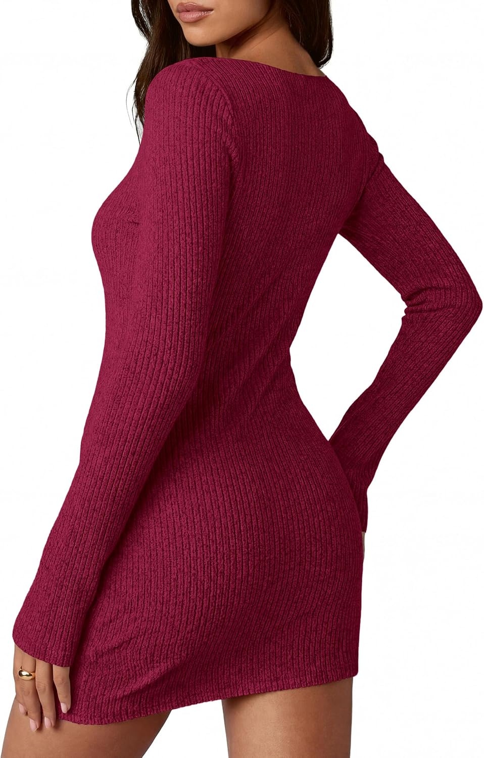 image:imagePRETTYGARDEN Womens Fall Bell Long Sleeve Mini Dress 2026 Casual Boat Neck Ribbed Bodycon Short Party Cocktail DressesWine Red