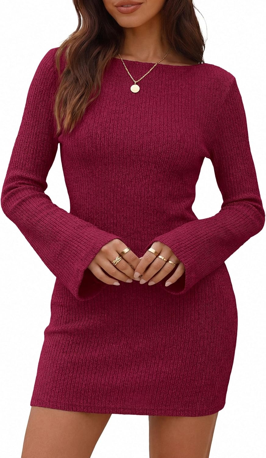 image:imagePRETTYGARDEN Womens Fall Bell Long Sleeve Mini Dress 2026 Casual Boat Neck Ribbed Bodycon Short Party Cocktail DressesWine Red