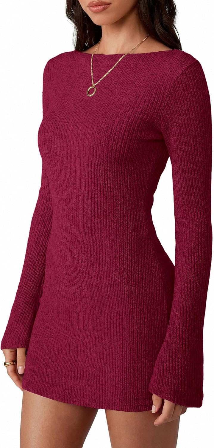 image:imagePRETTYGARDEN Womens Fall Bell Long Sleeve Mini Dress 2026 Casual Boat Neck Ribbed Bodycon Short Party Cocktail DressesWine Red