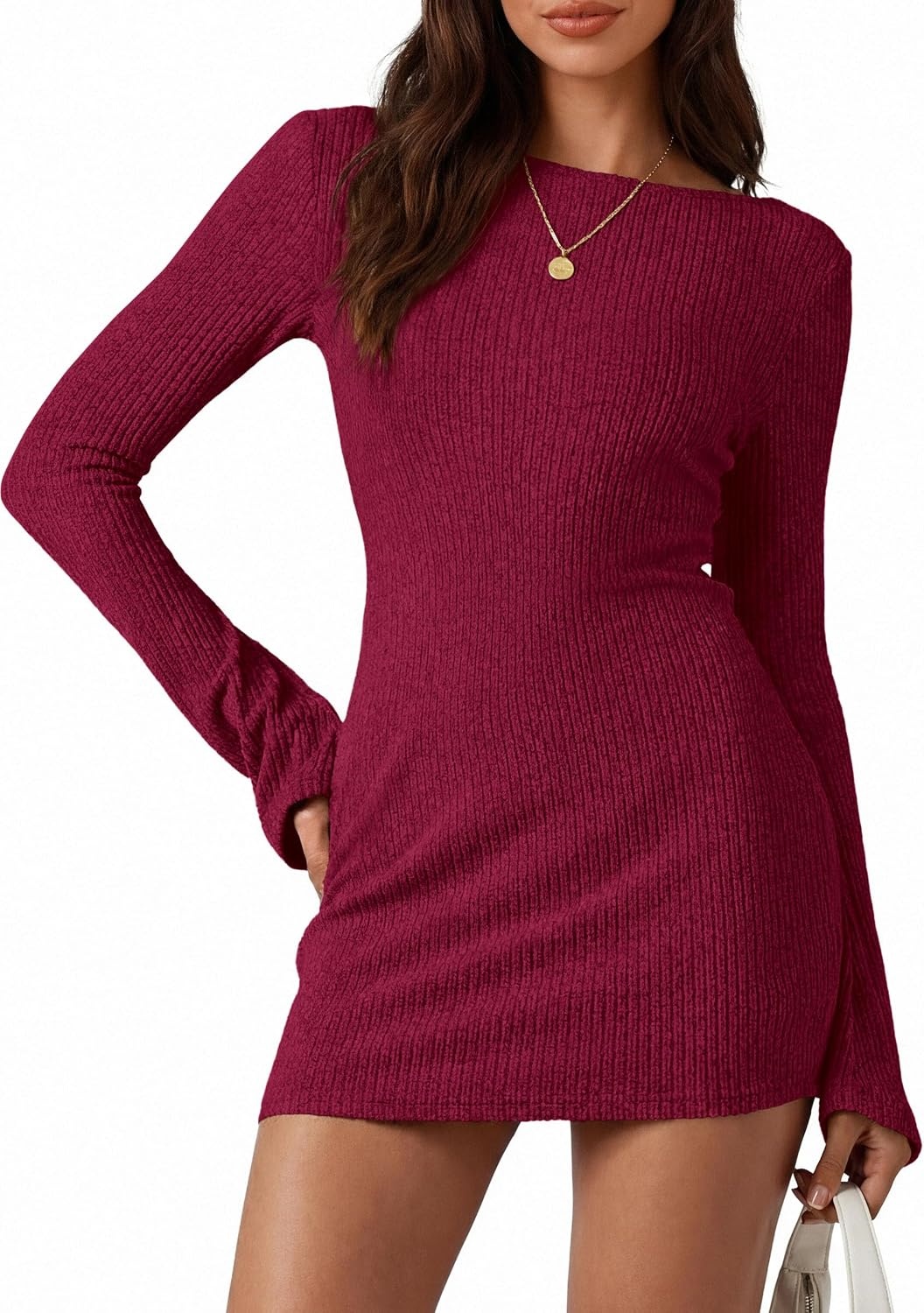 image:imagePRETTYGARDEN Womens Fall Bell Long Sleeve Mini Dress 2026 Casual Boat Neck Ribbed Bodycon Short Party Cocktail DressesWine Red