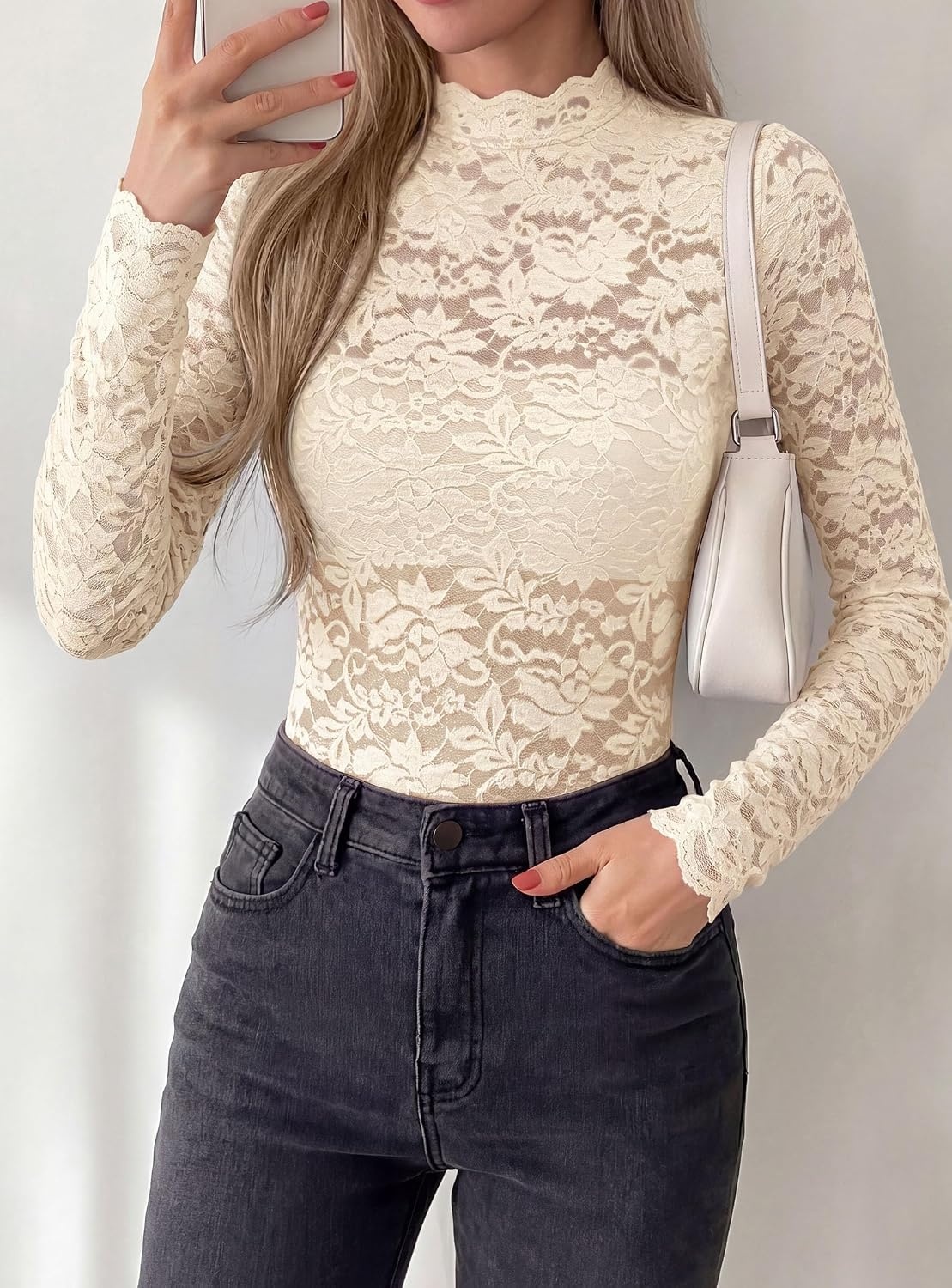 image:imagePRETTYGARDEN Womens Lace Long Sleeve Top Mesh Sheer Blouses Mock Neck See Through Slim Fitted Tops 2026 Fall Fashion ClothesApricot