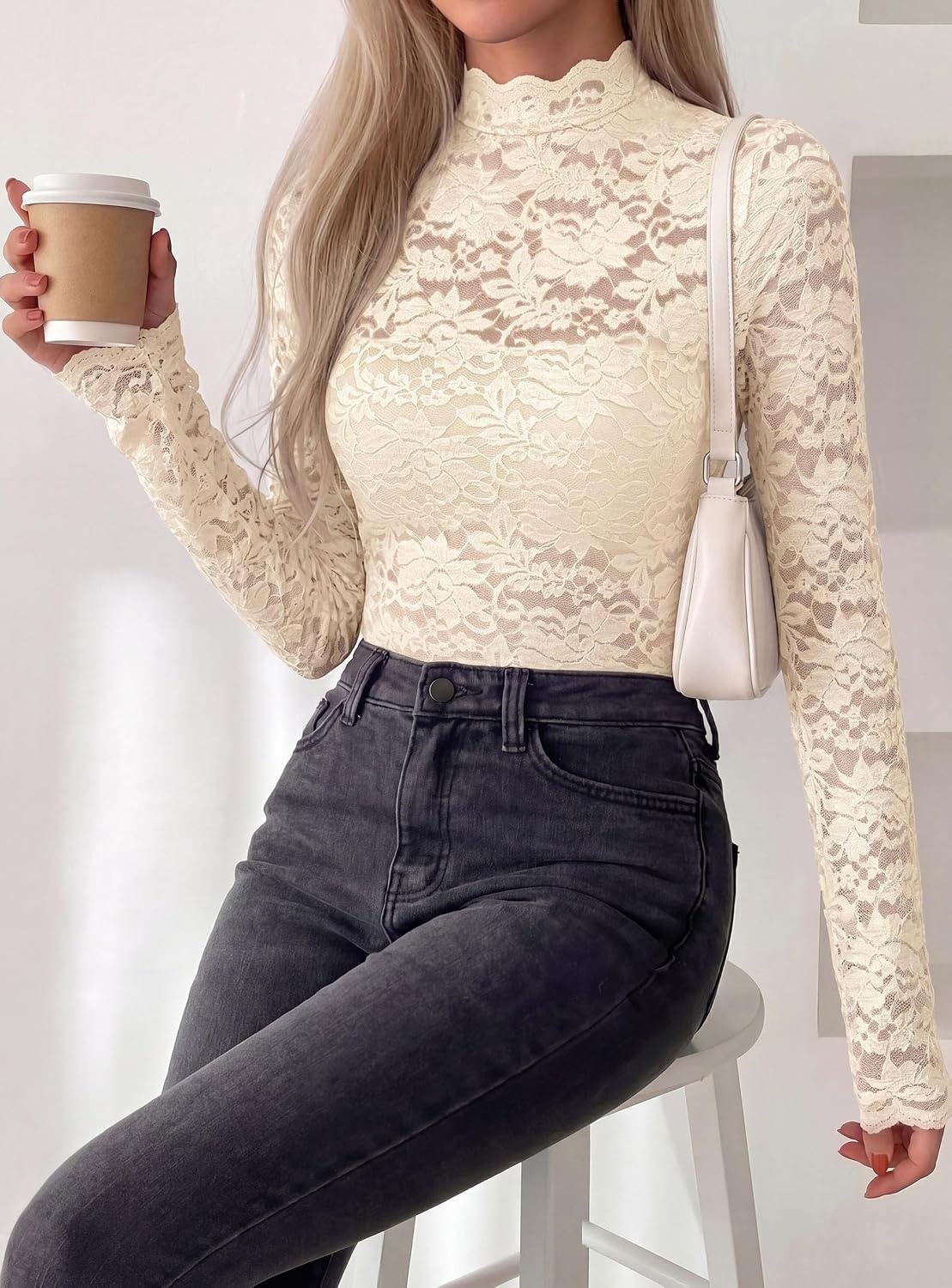 image:imagePRETTYGARDEN Womens Lace Long Sleeve Top Mesh Sheer Blouses Mock Neck See Through Slim Fitted Tops 2026 Fall Fashion ClothesApricot