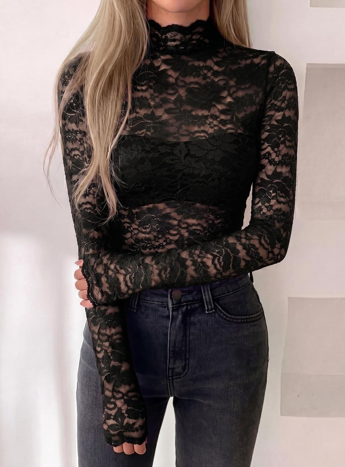 image:imagePRETTYGARDEN Womens Lace Long Sleeve Top Mesh Sheer Blouses Mock Neck See Through Slim Fitted Tops 2026 Fall Fashion ClothesBlack