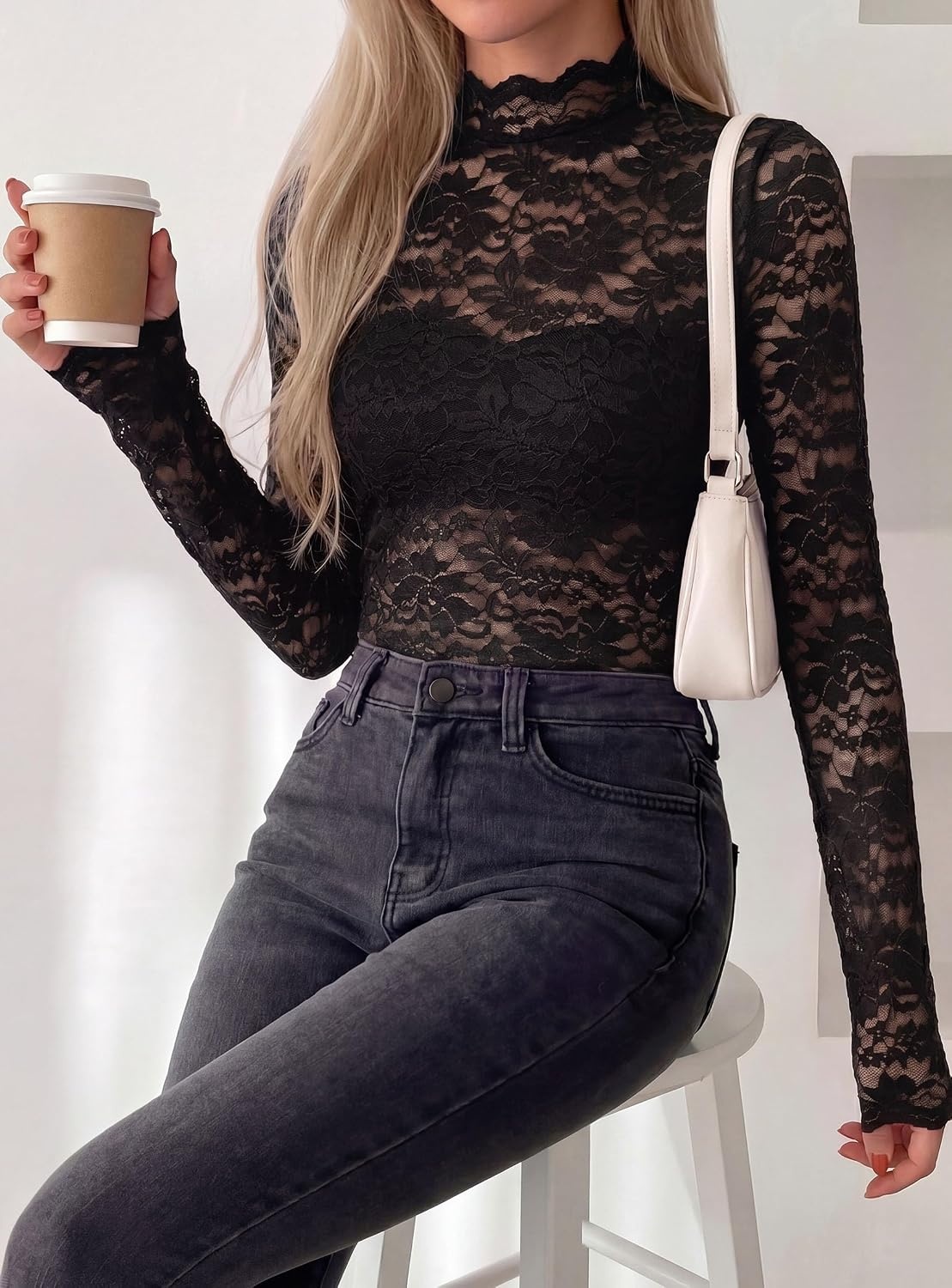 image:imagePRETTYGARDEN Womens Lace Long Sleeve Top Mesh Sheer Blouses Mock Neck See Through Slim Fitted Tops 2026 Fall Fashion ClothesBlack