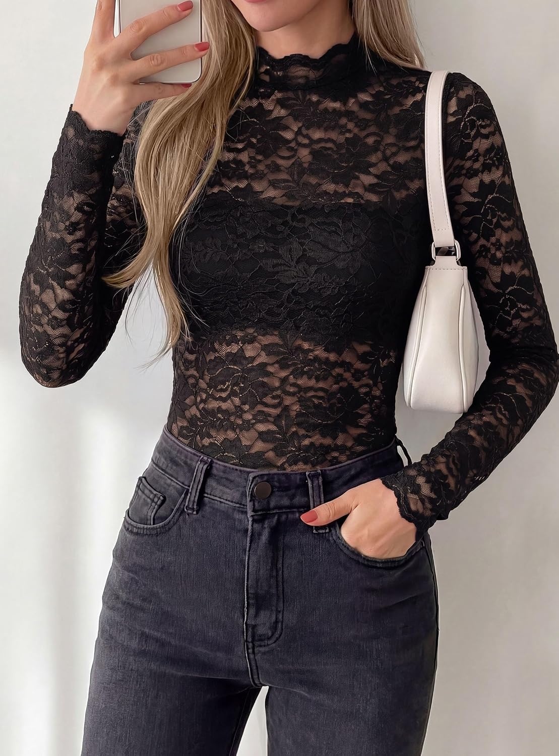 image:imagePRETTYGARDEN Womens Lace Long Sleeve Top Mesh Sheer Blouses Mock Neck See Through Slim Fitted Tops 2026 Fall Fashion ClothesBlack