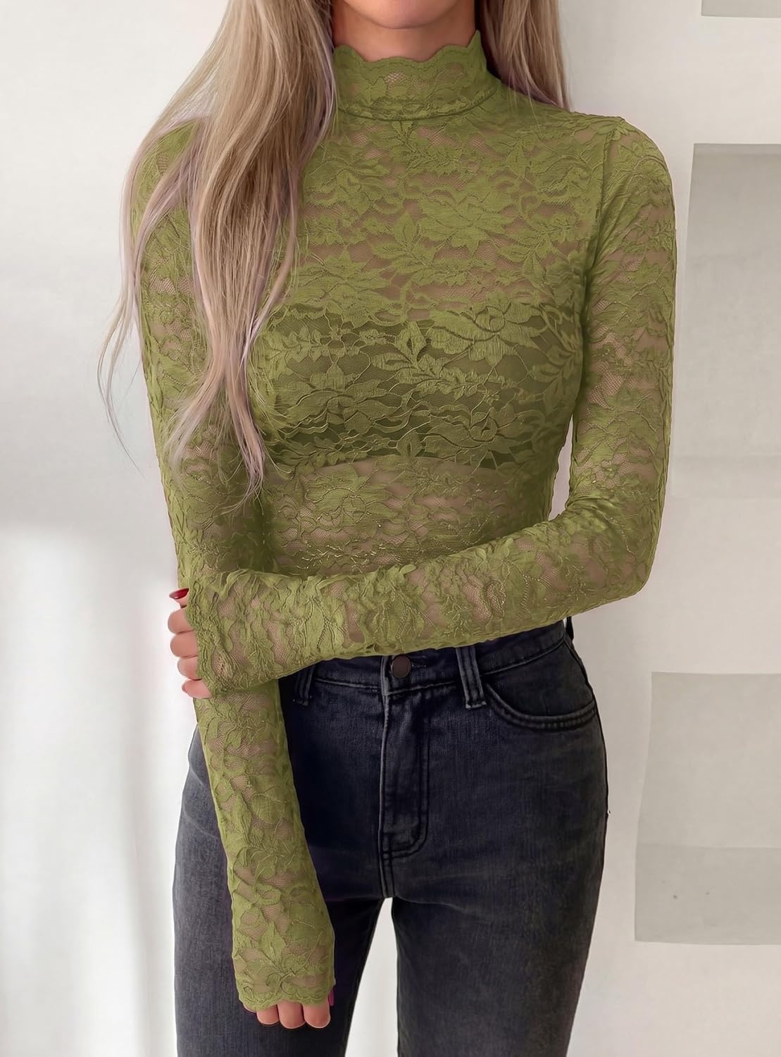 image:imagePRETTYGARDEN Womens Lace Long Sleeve Top Mesh Sheer Blouses Mock Neck See Through Slim Fitted Tops 2026 Fall Fashion ClothesGreen