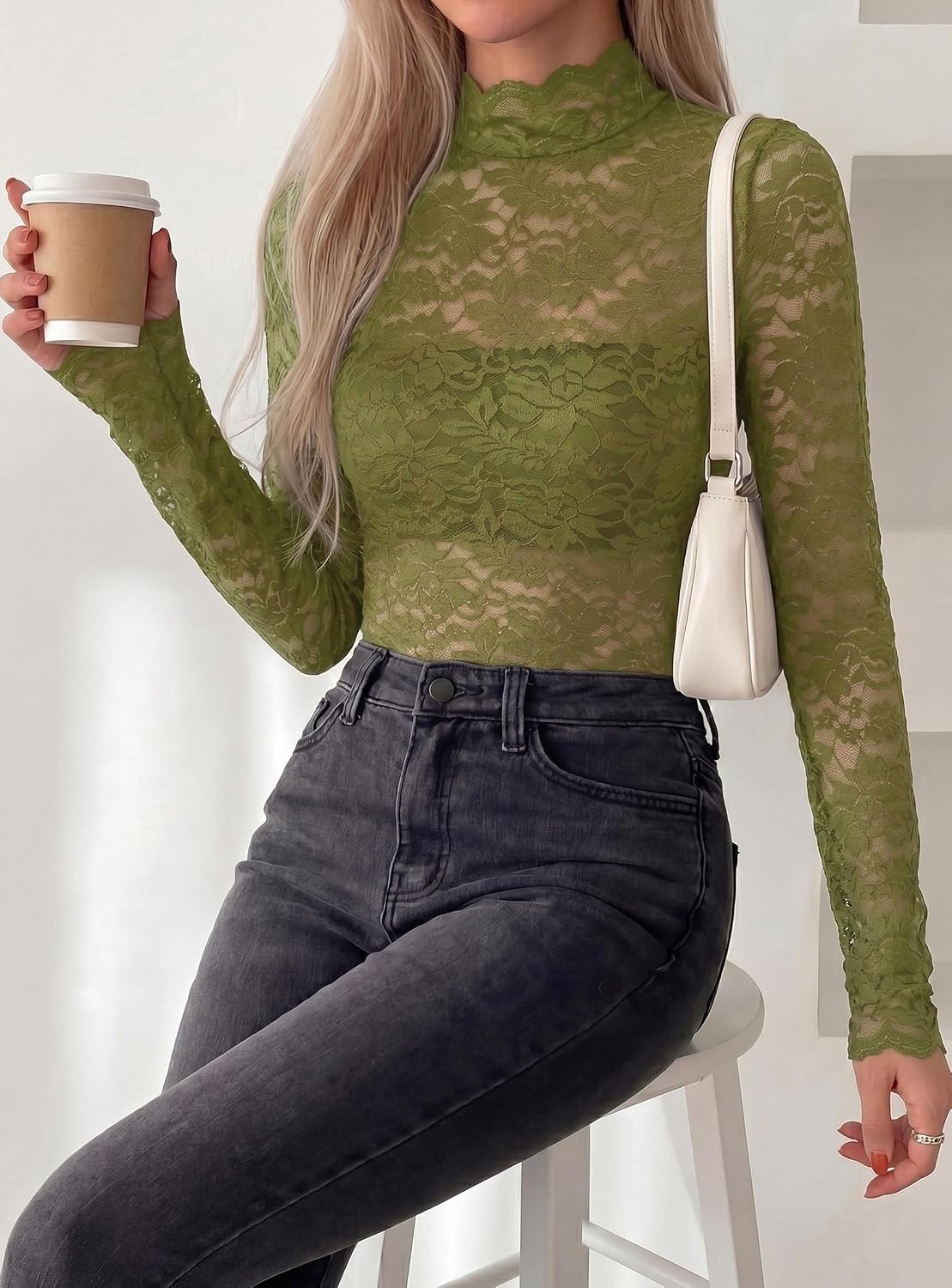 image:imagePRETTYGARDEN Womens Lace Long Sleeve Top Mesh Sheer Blouses Mock Neck See Through Slim Fitted Tops 2026 Fall Fashion ClothesGreen