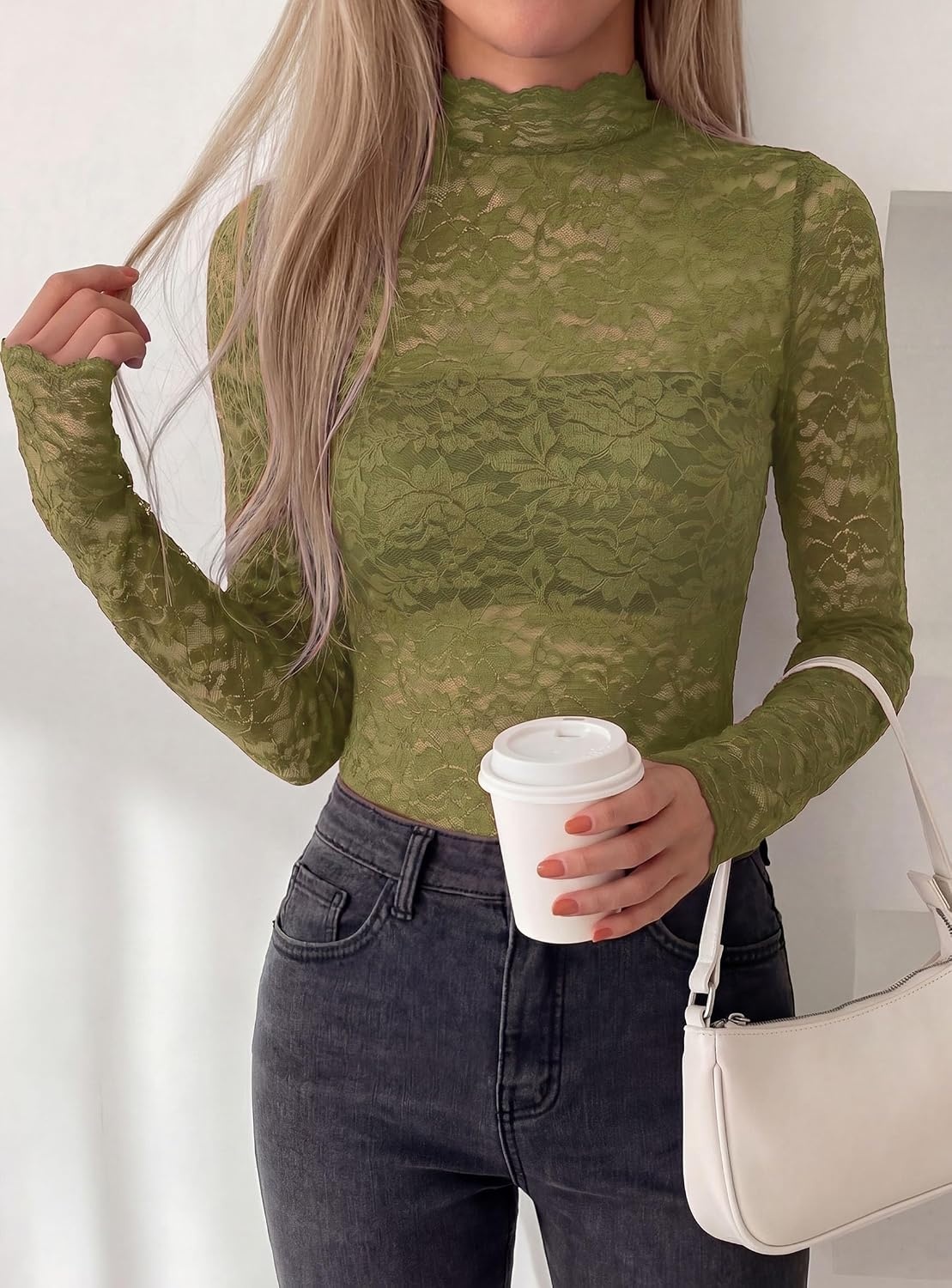 image:imagePRETTYGARDEN Womens Lace Long Sleeve Top Mesh Sheer Blouses Mock Neck See Through Slim Fitted Tops 2026 Fall Fashion ClothesGreen