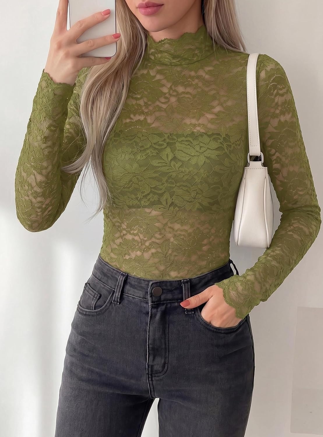 image:imagePRETTYGARDEN Womens Lace Long Sleeve Top Mesh Sheer Blouses Mock Neck See Through Slim Fitted Tops 2026 Fall Fashion ClothesGreen
