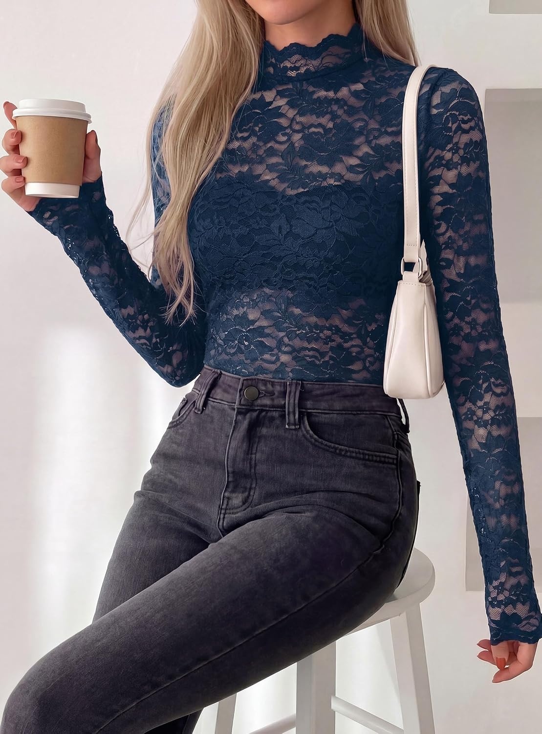 image:imagePRETTYGARDEN Womens Lace Long Sleeve Top Mesh Sheer Blouses Mock Neck See Through Slim Fitted Tops 2026 Fall Fashion ClothesNavy Blue
