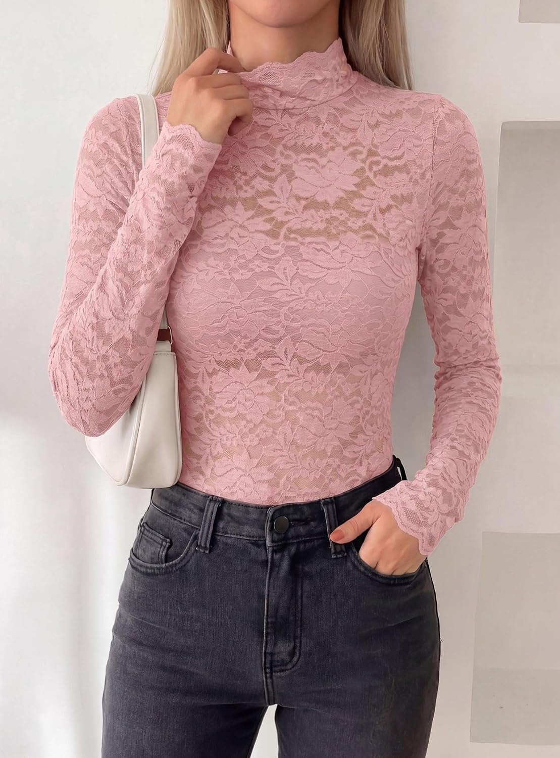 image:imagePRETTYGARDEN Womens Lace Long Sleeve Top Mesh Sheer Blouses Mock Neck See Through Slim Fitted Tops 2026 Fall Fashion ClothesPink