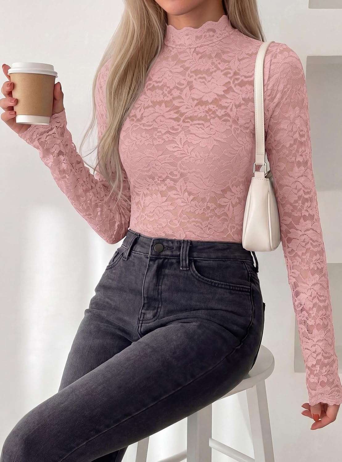 image:imagePRETTYGARDEN Womens Lace Long Sleeve Top Mesh Sheer Blouses Mock Neck See Through Slim Fitted Tops 2026 Fall Fashion ClothesPink