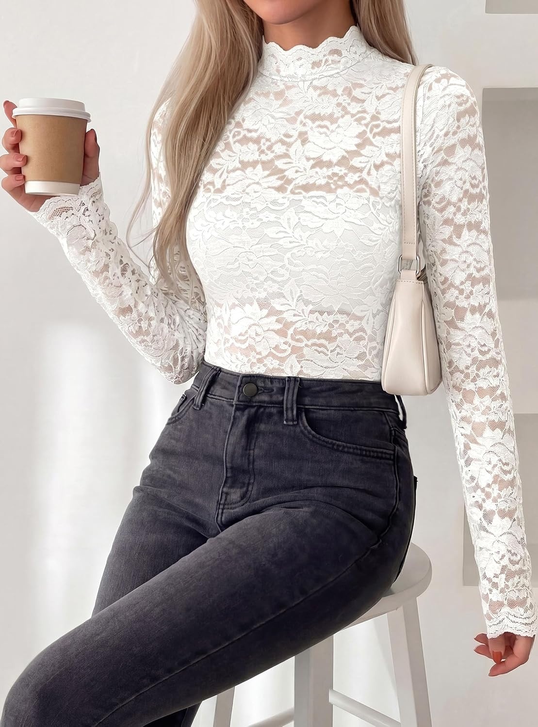 image:imagePRETTYGARDEN Womens Lace Long Sleeve Top Mesh Sheer Blouses Mock Neck See Through Slim Fitted Tops 2026 Fall Fashion ClothesWhite