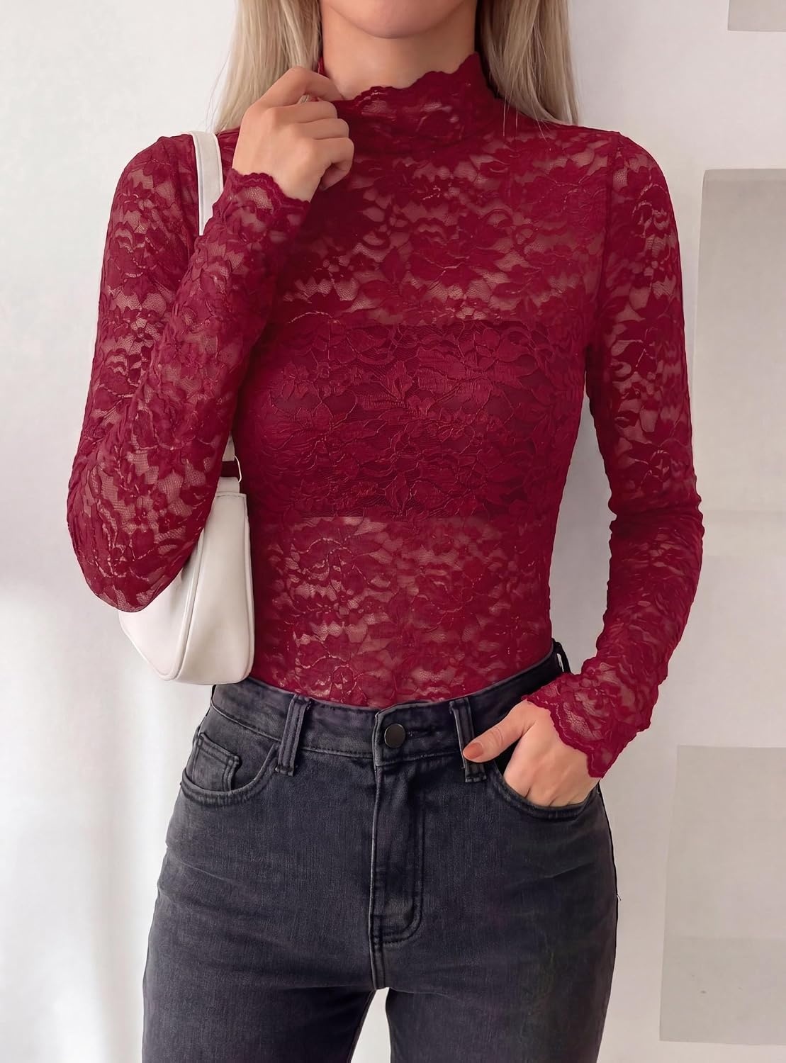 image:imagePRETTYGARDEN Womens Lace Long Sleeve Top Mesh Sheer Blouses Mock Neck See Through Slim Fitted Tops 2026 Fall Fashion ClothesWine Red