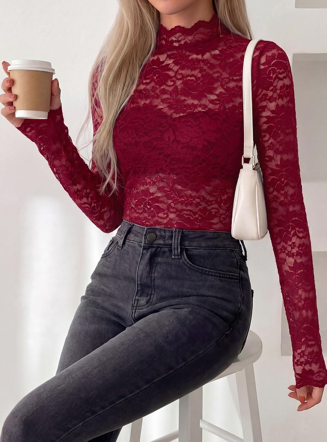 image:imagePRETTYGARDEN Womens Lace Long Sleeve Top Mesh Sheer Blouses Mock Neck See Through Slim Fitted Tops 2026 Fall Fashion ClothesWine Red
