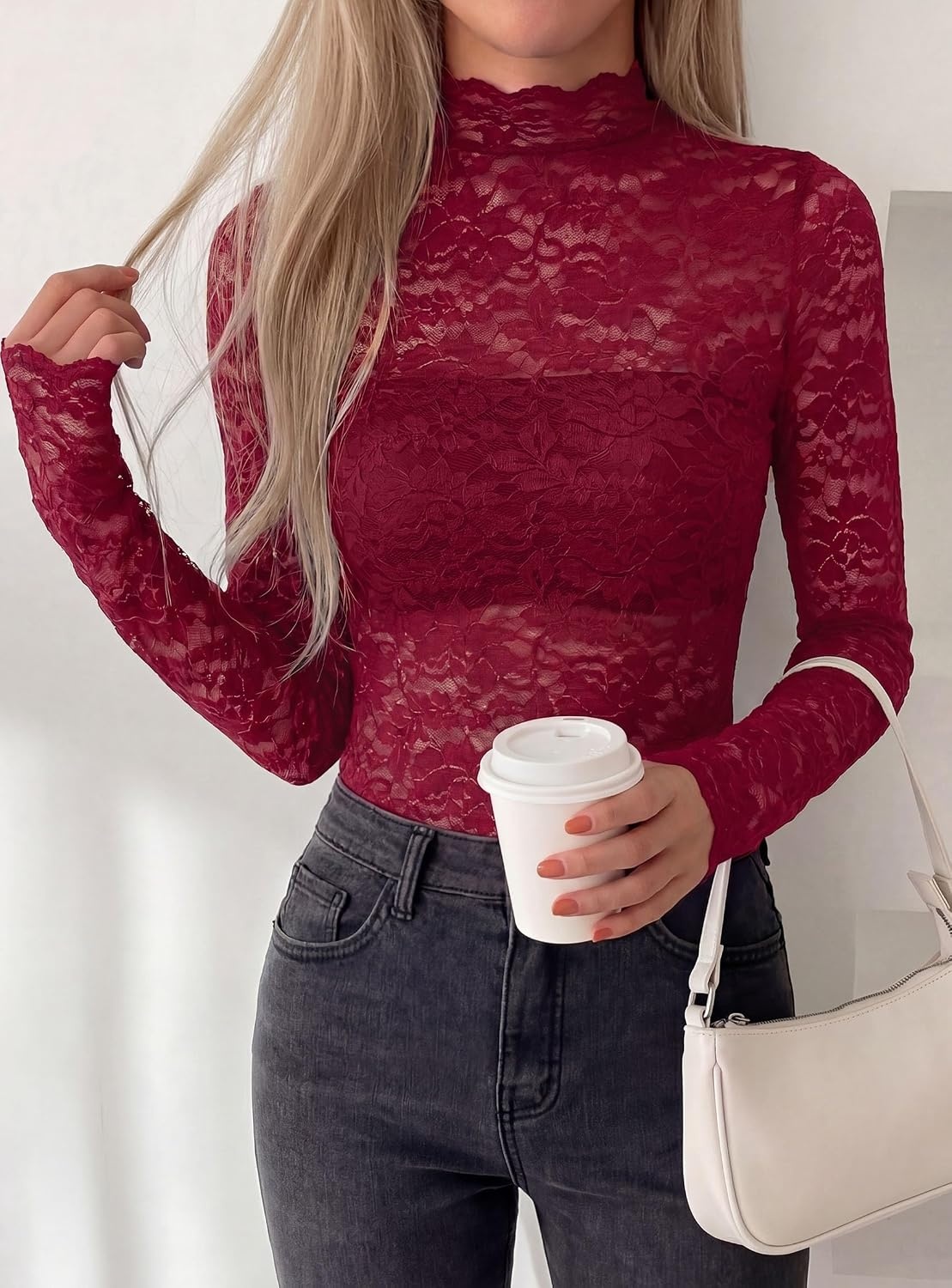 image:imagePRETTYGARDEN Womens Lace Long Sleeve Top Mesh Sheer Blouses Mock Neck See Through Slim Fitted Tops 2026 Fall Fashion ClothesWine Red