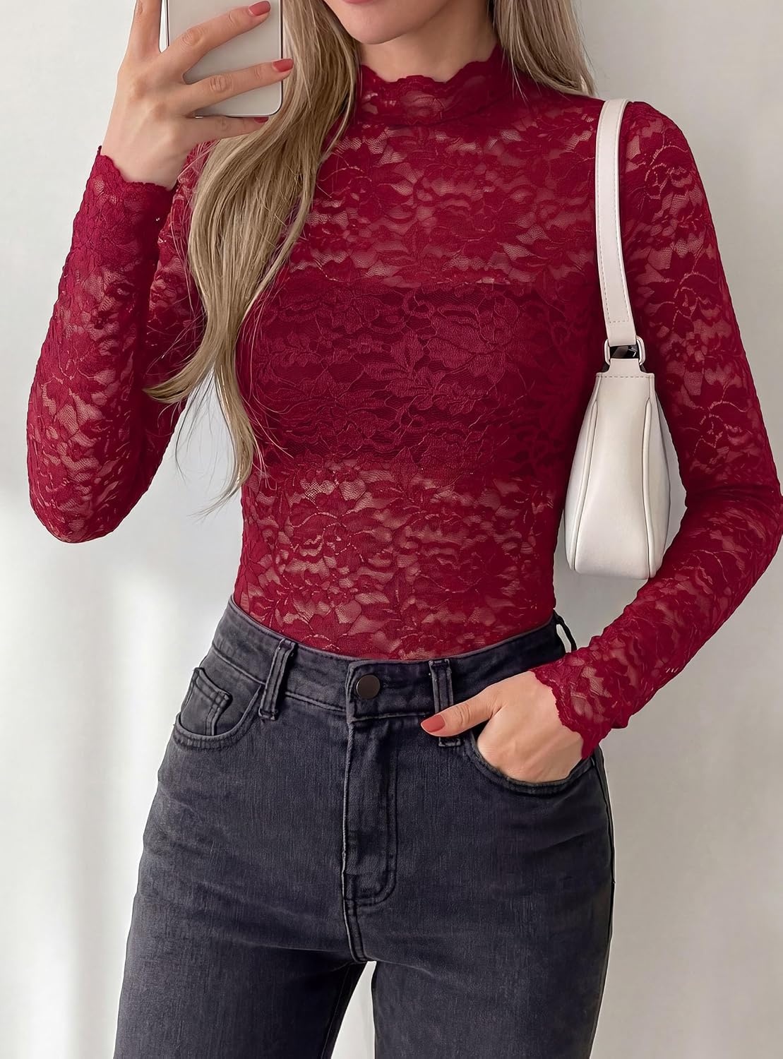image:imagePRETTYGARDEN Womens Lace Long Sleeve Top Mesh Sheer Blouses Mock Neck See Through Slim Fitted Tops 2026 Fall Fashion ClothesWine Red